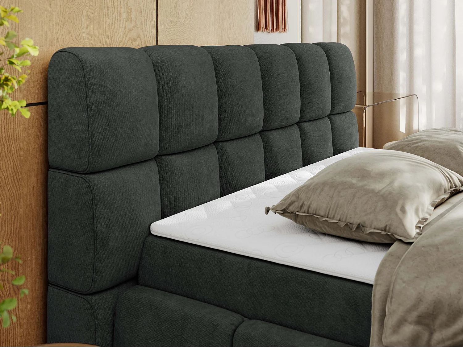 Boxspringbett NIRA - dekorativ kopfteil, Bettkästen und Multipocket-Matratze, Doppelbett für Schlafzimmer - 140x200 cm - H4 - Dunkelgrau Strukture