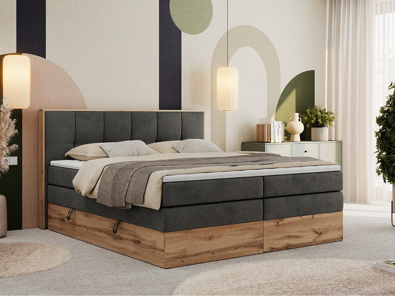 Boxspringbett ALBERO 1 KING - zwei 7 Härtezonen Multipocket-Matratzen, Doppelbett mit Stauraum, Eiche Wotan Holzrahmen - 180x200 cm - H3 - Dunkelgrau Velvet