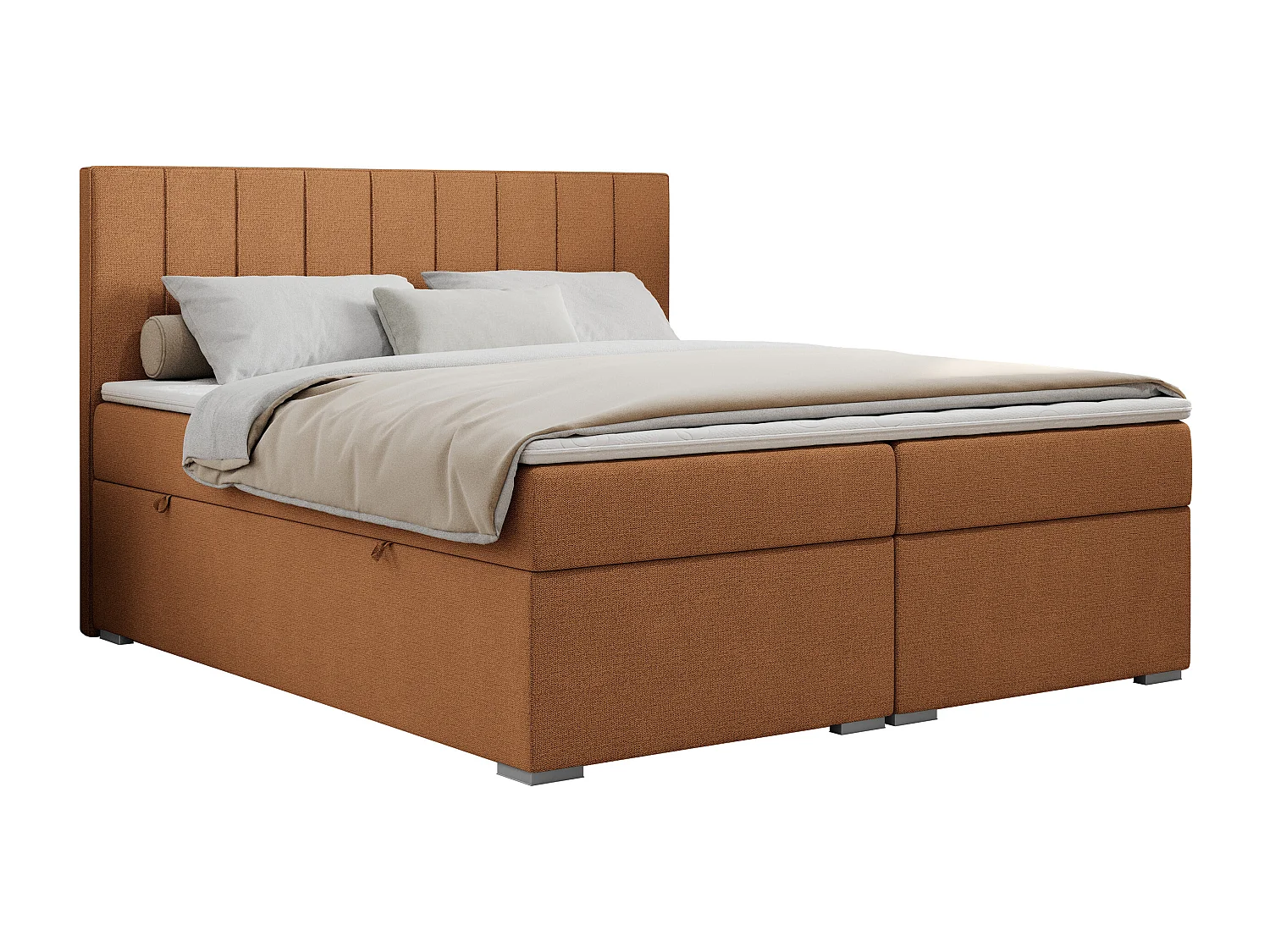 Boxspringbett ALLY - gestreiftes, genähtes Kopfteil, zwei Bettkästen, Multipocket-Matratzen, Praktisch Polsterbett - 200x200 cm - H3 - Orange Strukture