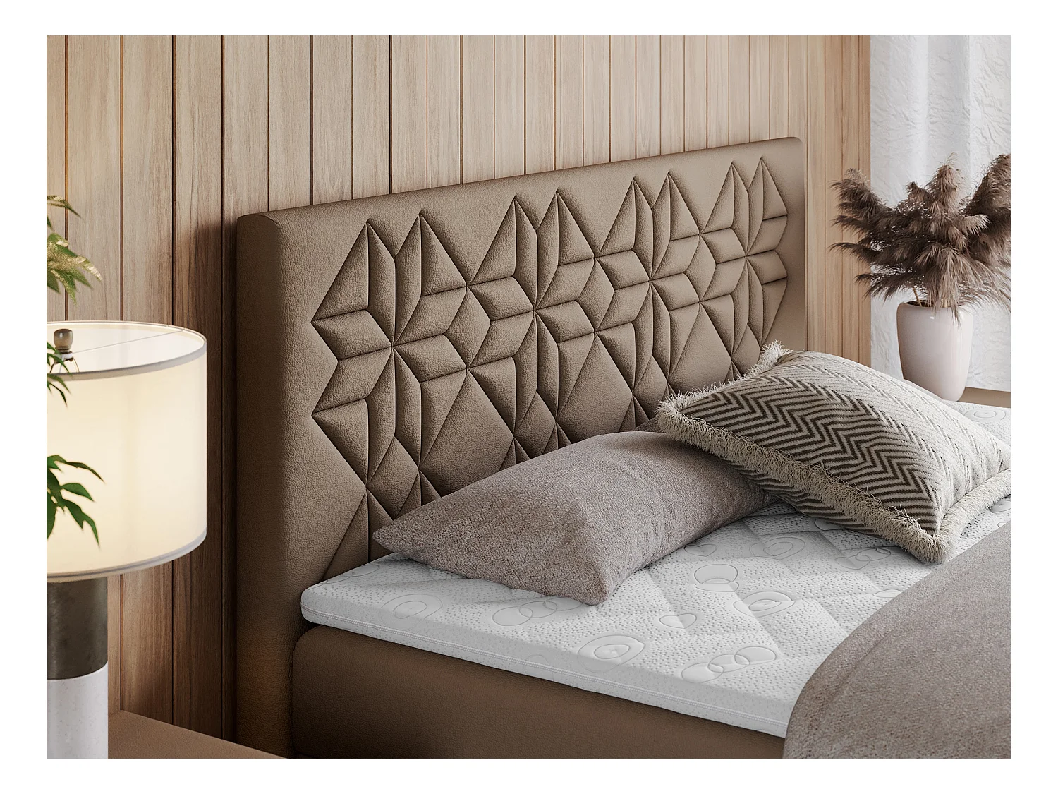 Boxspringbett LEILA - gestepptes Kopfteil,  7 Härtezonen Multipocket-Matratzen, Doppelbett mit Bettkästen - 120x200 cm - H4 - Braun Kunstleder