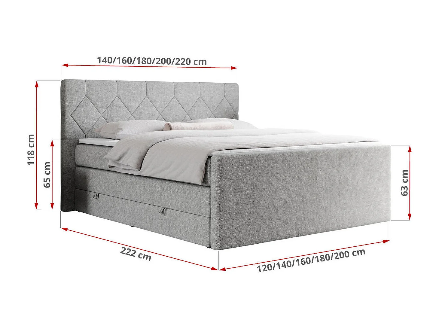 Boxspringbett EIGAR KING - Doppelbett mit genähtem Kopfteil, zwei Multipocket-Matratzen, Polsterbett für Schlafzimmer - 160x200 cm - H3 - Hellgrau Strukture