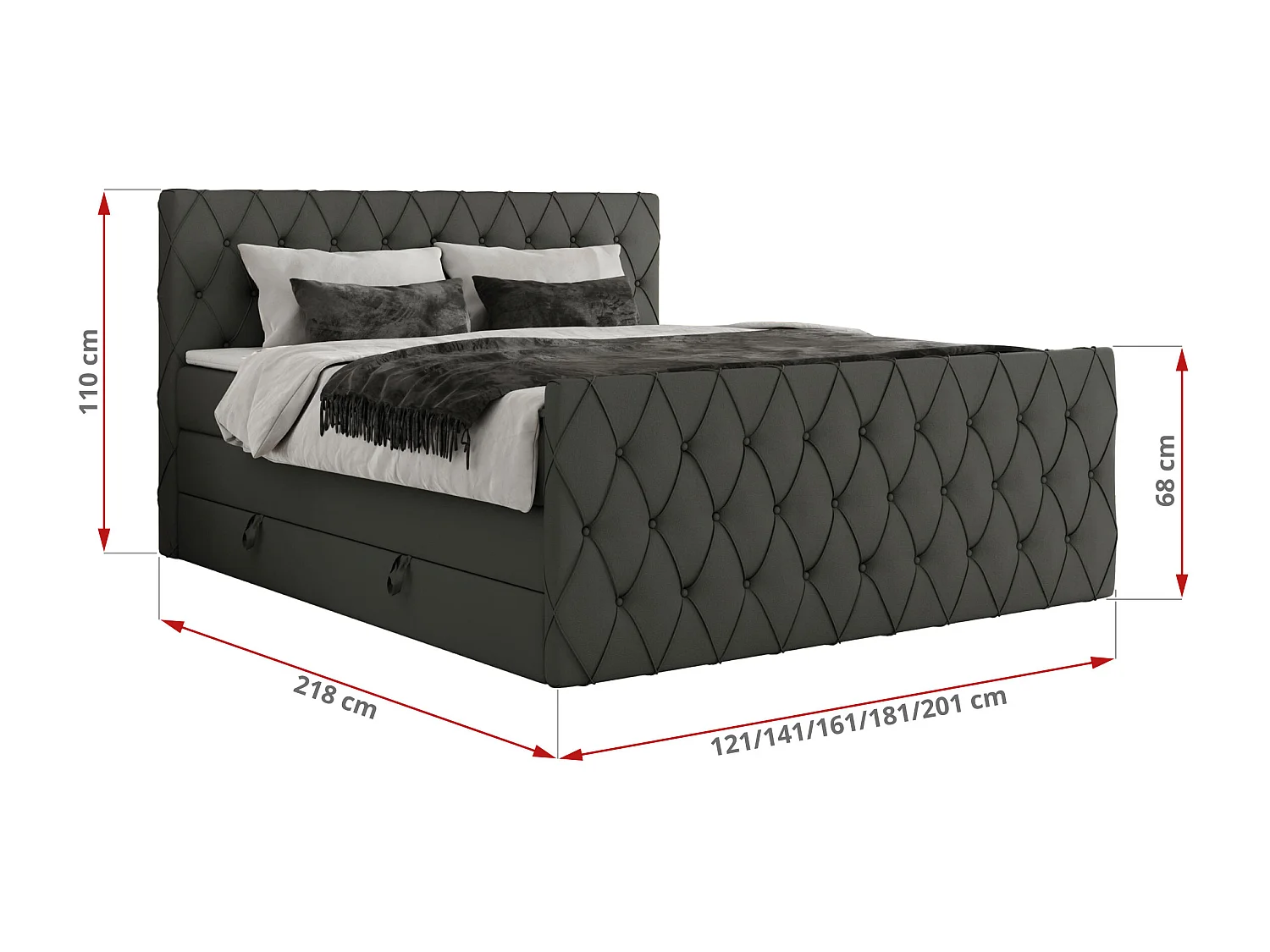 Boxspringbett MIREN KING DUO - für Schlafzimmer mit zwei Multipocket-Matratzen und Topper, gestepptes Kopfteil und Front  - 160x200 cm - H3 - Grau Kunstleder