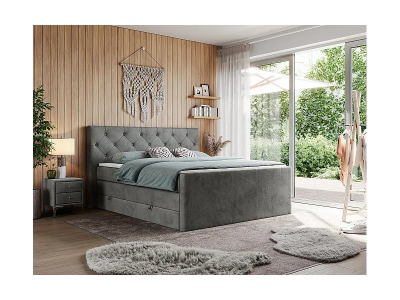 Boxspringbett VELEN KING - Doppelbett mit gestepptem Kopfteil, zwei Multipocket-Matratzen, Polsterbett mit Kopfstütze - 160x200 cm - H3 - Dunkelgrau Velvet