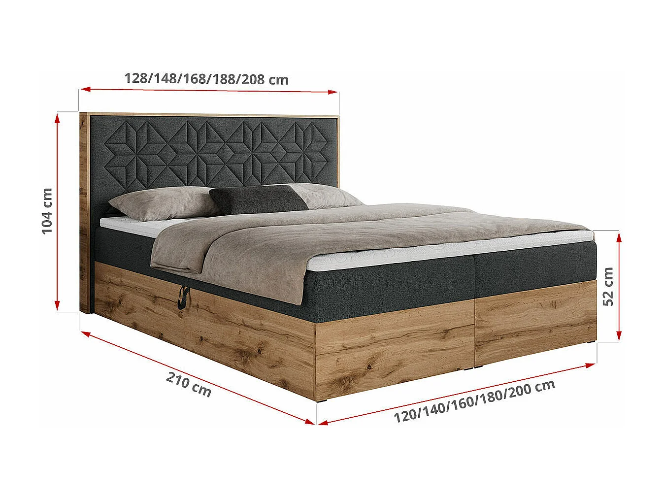 Boxspringbett NESSI - mit hoher Kopfstütze, Multipocket-Matratze und Topper, Doppelbett mit Bettkästen - 180x200 cm - H4 - Dunkelgrau Strukture
