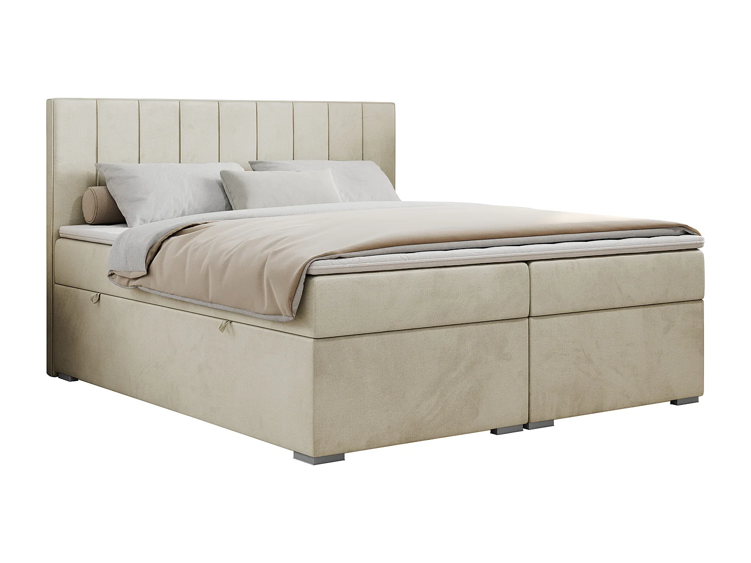 Boxspringbett ALLY - gestreiftes, genähtes Kopfteil, zwei Bettkästen, Multipocket-Matratzen, Praktisch Polsterbett - 200x200 cm - H3 - Beige Velvet