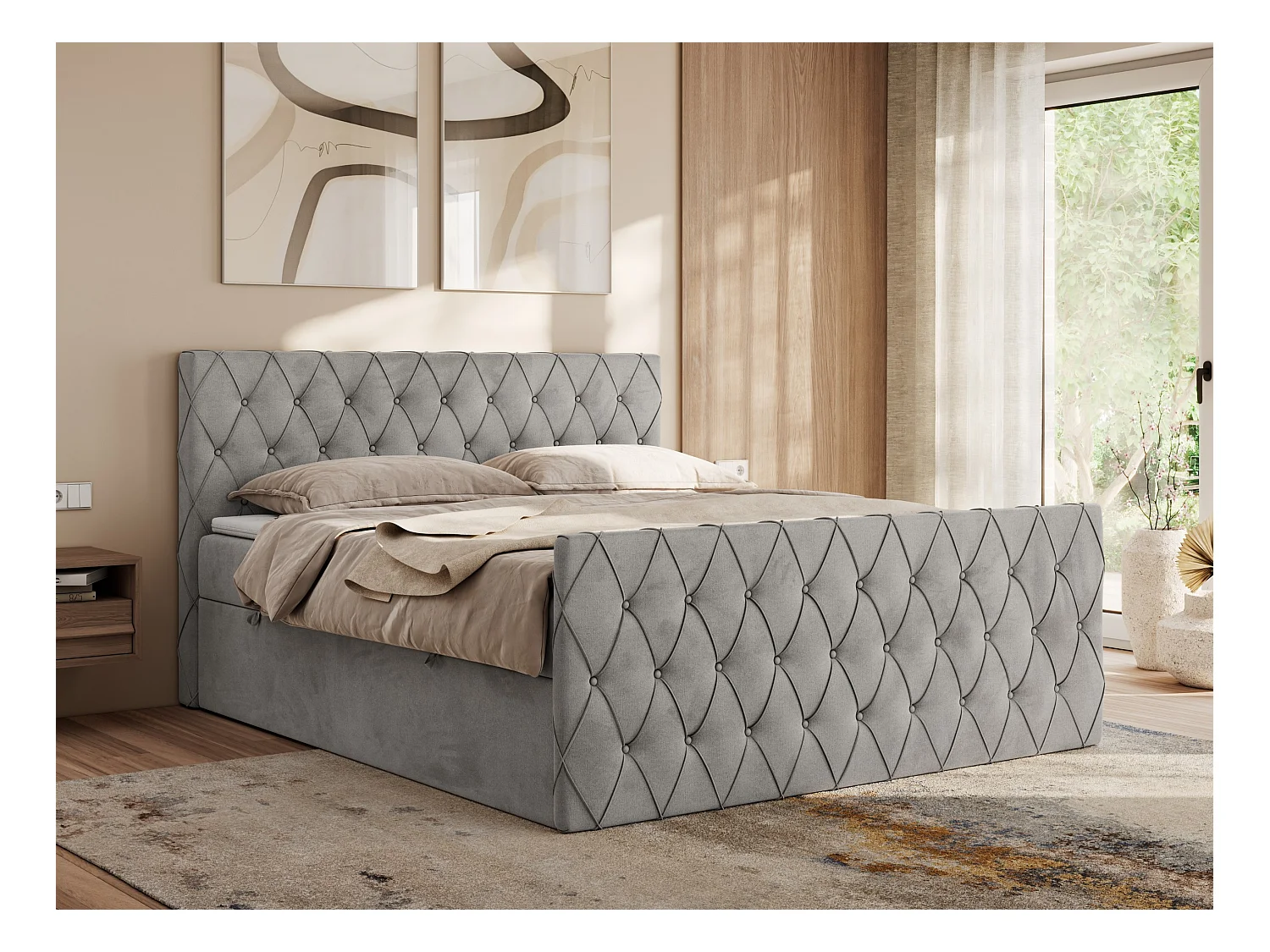 Boxspringbett MIREN DUO - mit gestepptem Kopfteil und Front, Multipocket-Matratze, zwei Bettkästen - 200x200 cm - H4 - Hellgrau Velvet