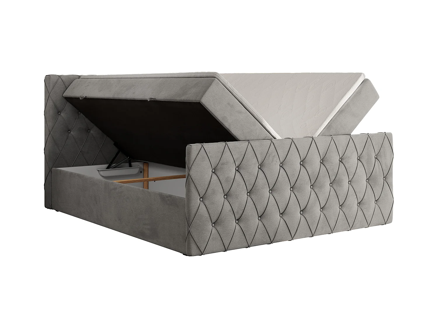 Boxspringbett MIREN DUO - mit gestepptem Kopfteil und Front, Multipocket-Matratze, zwei Bettkästen - 200x200 cm - H4 - Hellgrau Velvet