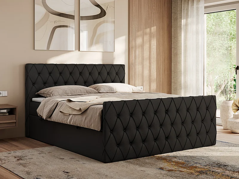 Boxspringbett MIREN DUO - mit gestepptem Kopfteil und Front, Multipocket-Matratze, zwei Bettkästen - 120x200 cm - H4 - Schwarz Kunstleder