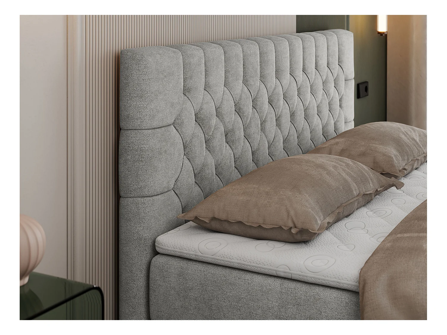 Boxspringbett PERA - gesteppte Kopfstütze, Multipocket-Matratze und Topper, Doppelbett mit Stauraum - 180x200 cm - H3 - Hellgrau Strukture