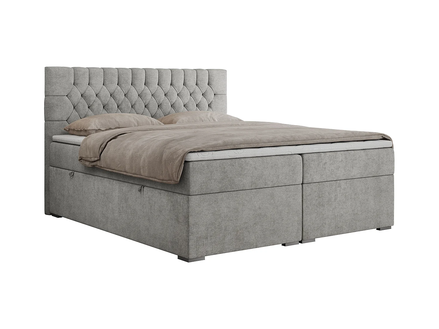 Boxspringbett PERA - gesteppte Kopfstütze, Multipocket-Matratze und Topper, Doppelbett mit Stauraum - 180x200 cm - H3 - Hellgrau Strukture