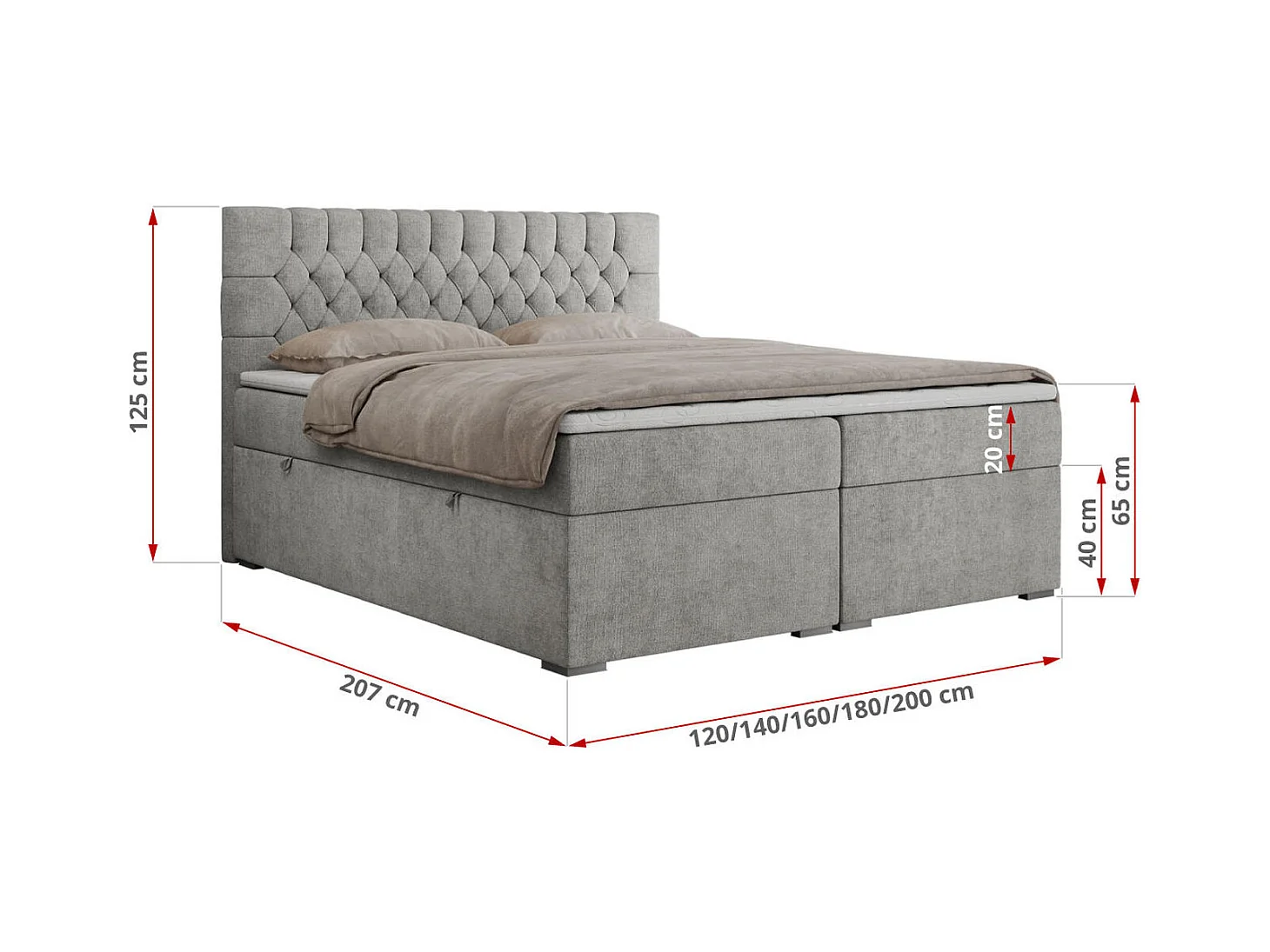 Boxspringbett PERA - gesteppte Kopfstütze, Multipocket-Matratze und Topper, Doppelbett mit Stauraum - 180x200 cm - H3 - Hellgrau Strukture