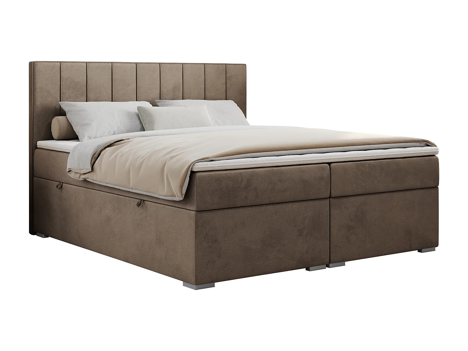 Boxspringbett ALLY - gestreiftes, genähtes Kopfteil, zwei Bettkästen, Multipocket-Matratzen, Praktisch Polsterbett - 200x200 cm - H3 - Braun Velvet