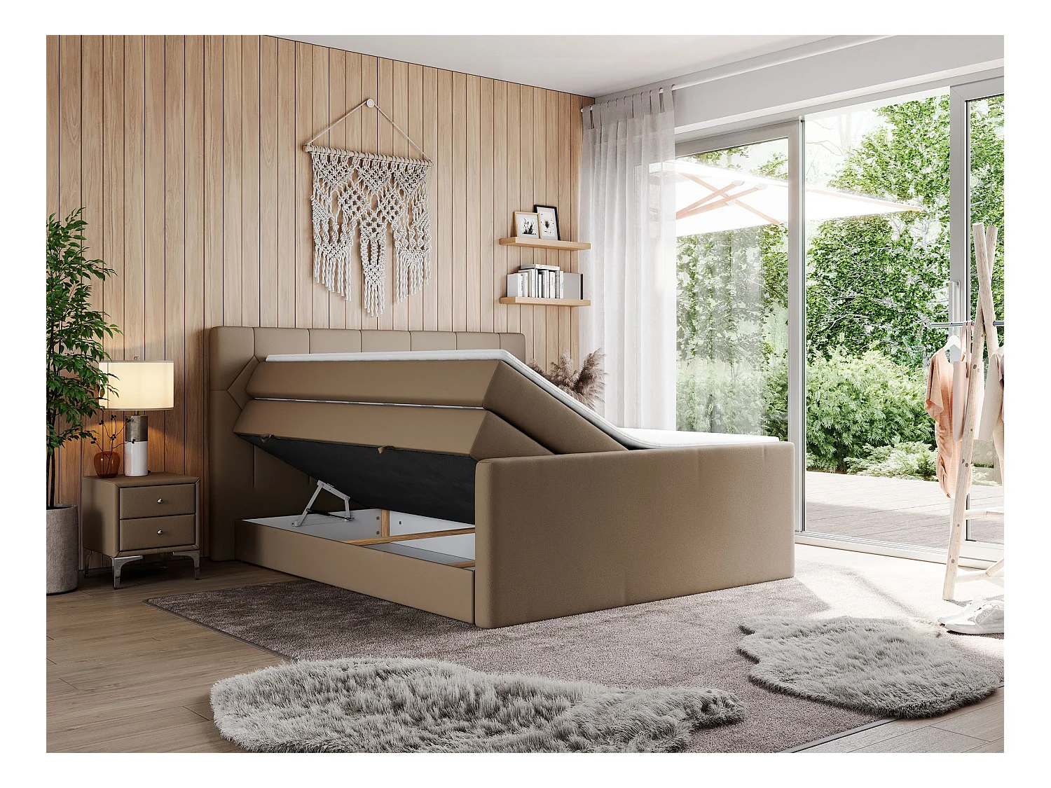 Boxspringbett EIGAR KING - Doppelbett mit genähtem Kopfteil, zwei Multipocket-Matratzen, Polsterbett für Schlafzimmer - 120x200 cm - H4 - Braun Kunstleder