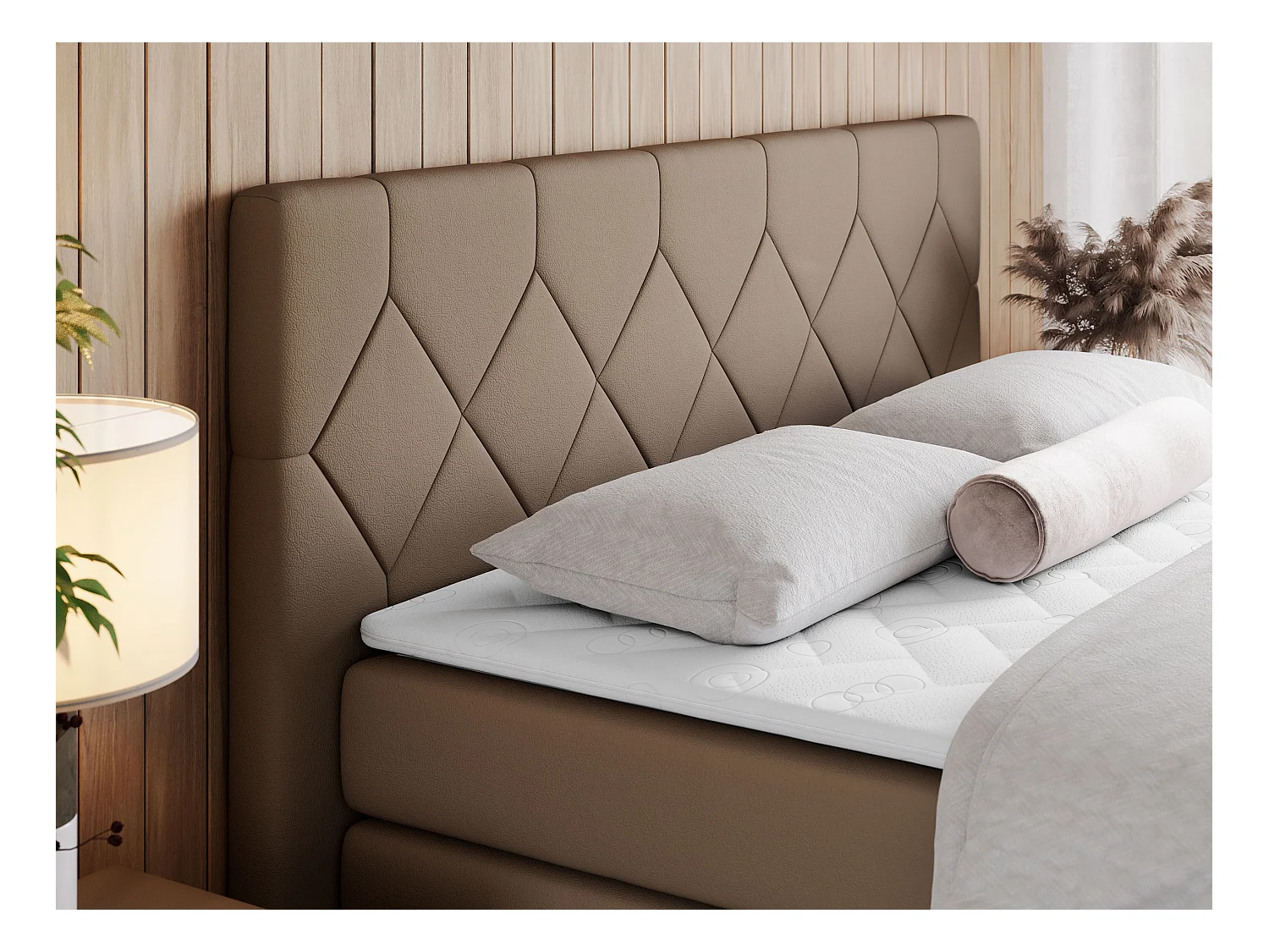 Boxspringbett EIGAR KING - Doppelbett mit genähtem Kopfteil, zwei Multipocket-Matratzen, Polsterbett für Schlafzimmer - 120x200 cm - H4 - Braun Kunstleder