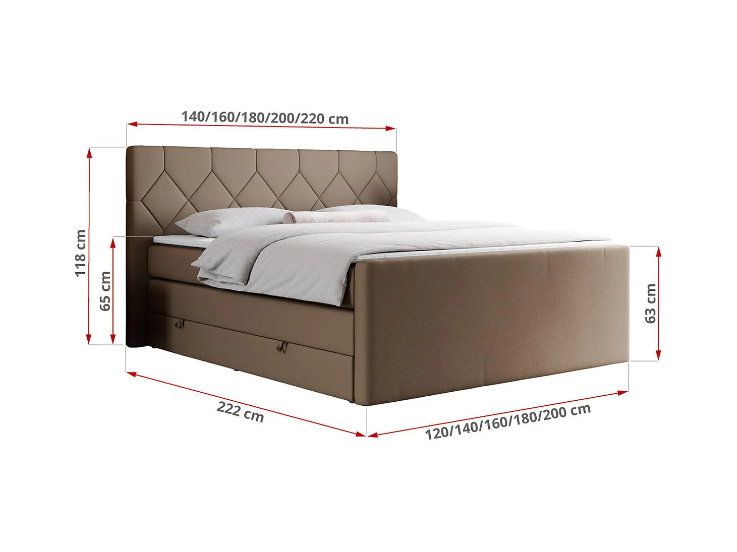 Boxspringbett EIGAR KING - Doppelbett mit genähtem Kopfteil, zwei Multipocket-Matratzen, Polsterbett für Schlafzimmer - 120x200 cm - H4 - Braun Kunstleder