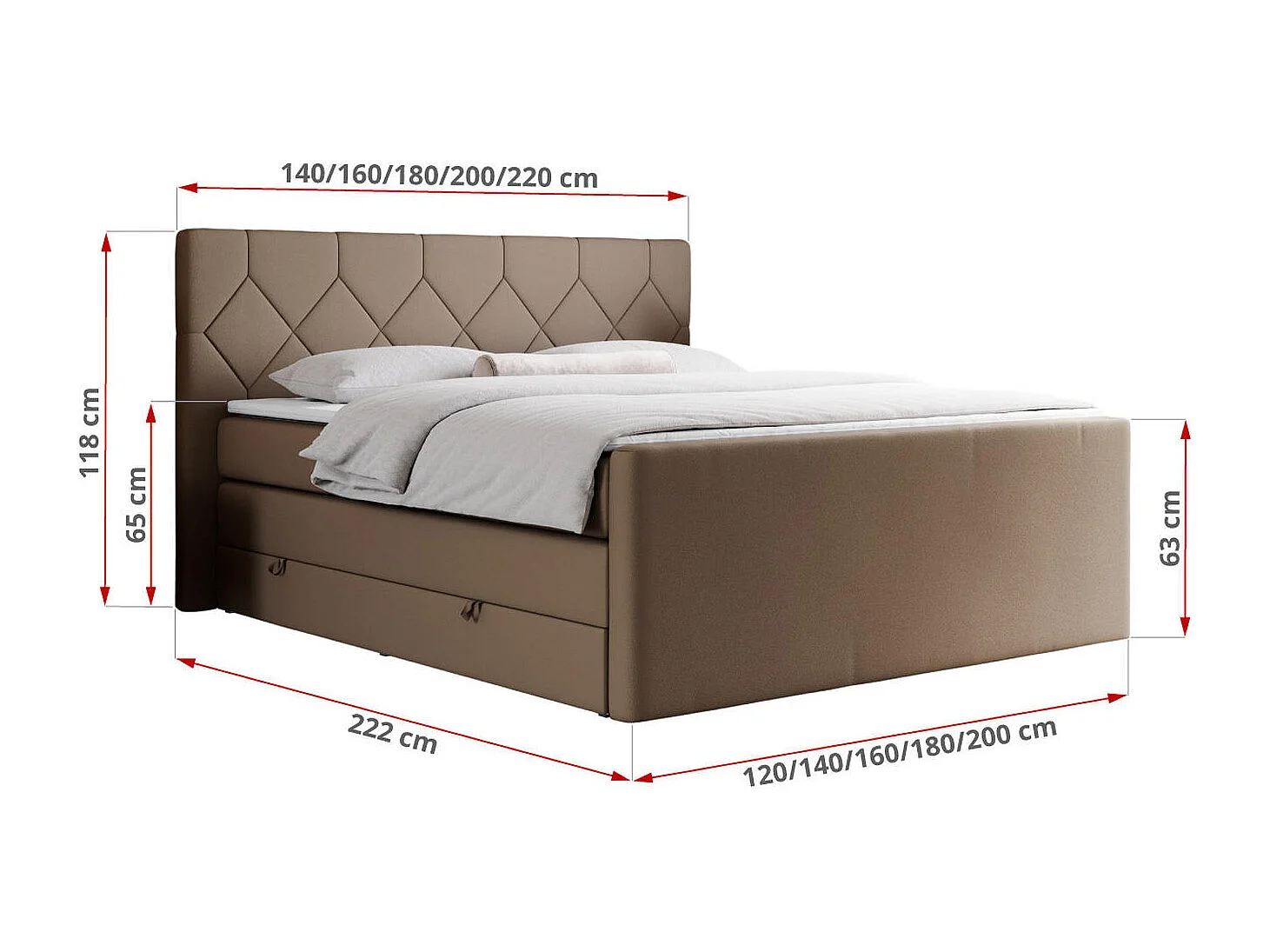 Boxspringbett EIGAR KING - Doppelbett mit genähtem Kopfteil, zwei Multipocket-Matratzen, Polsterbett für Schlafzimmer - 120x200 cm - H4 - Braun Kunstleder
