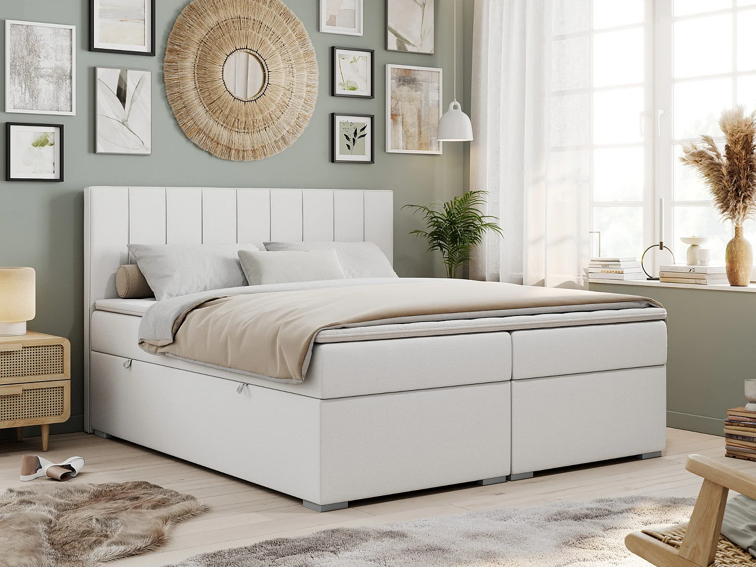 Boxspringbett ALLY - gestreiftes, genähtes Kopfteil, zwei Bettkästen, Multipocket-Matratzen, Praktisch Polsterbett - 140x200 cm - H4 - Weiß Kunstleder