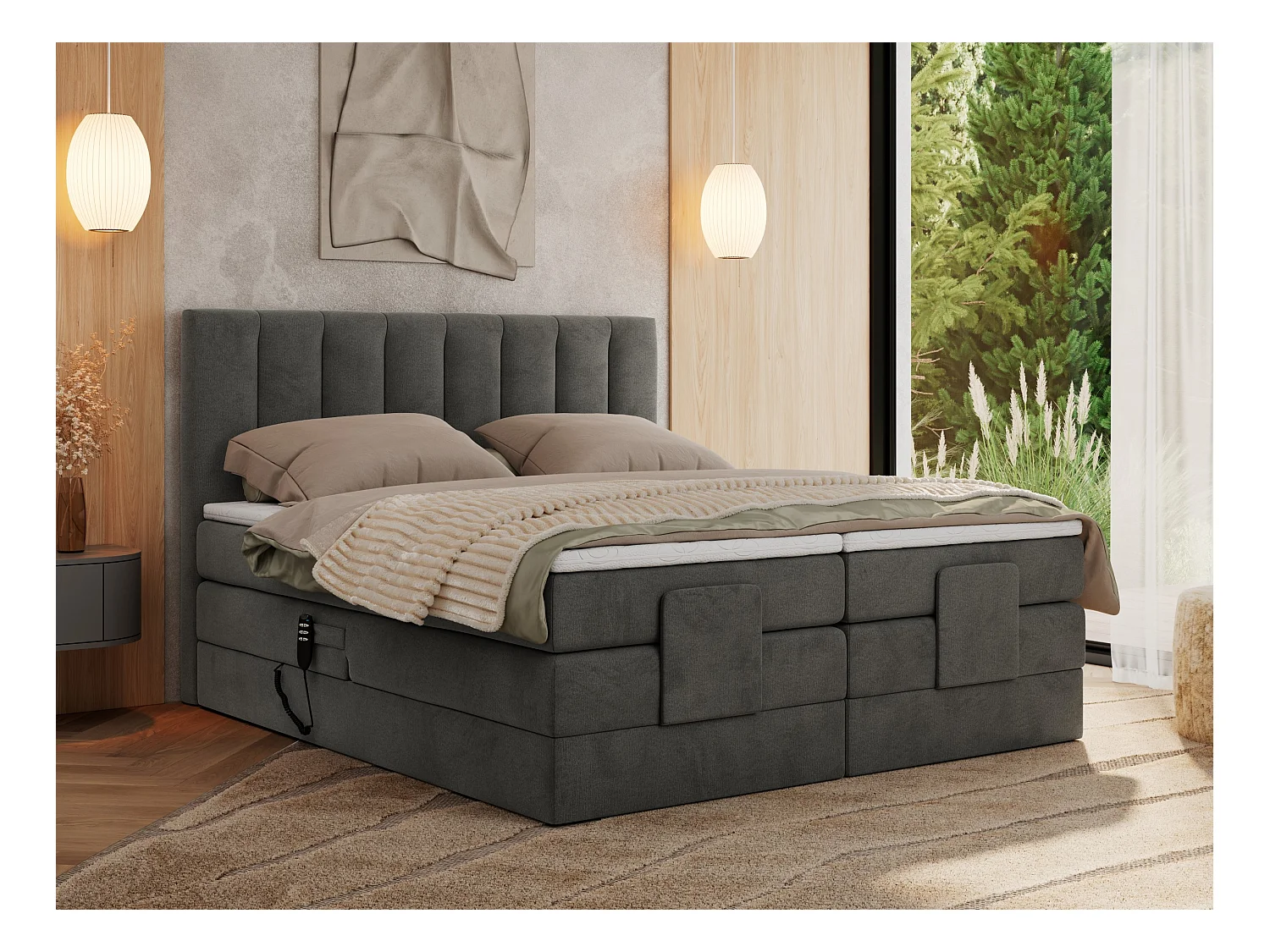 Boxspringbett COMFORTO - Doppelbett, Elektrisch verstellbare, Multipocket-Matratzen und Topper, genähtes Kopfteil - 180x200 cm - H3 - Dunkelgrau Velvet