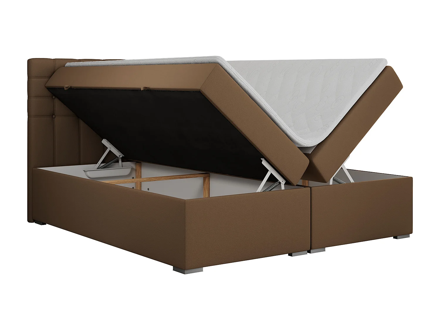 Boxspringbett SUSAN - mit gestepptem Kopfteil, zwei Bettkästen und Topper, gepolstertes Schlafzimmerbett - 200x200 cm - H4 - Braun Kunstleder