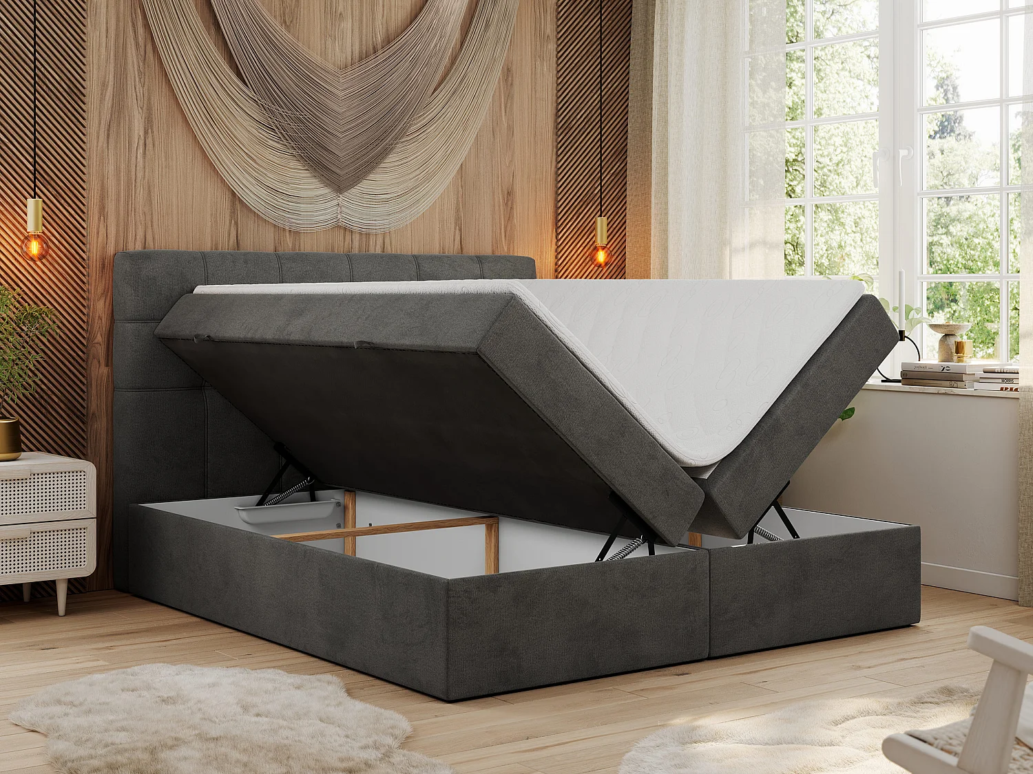 Boxspringbett ERNI - mit gestepptem Kopfteil, Polsterbett, Multipocket-Matratze und Topper, Bettkästen - 140x200 cm - H4 - Dunkelgrau Velvet