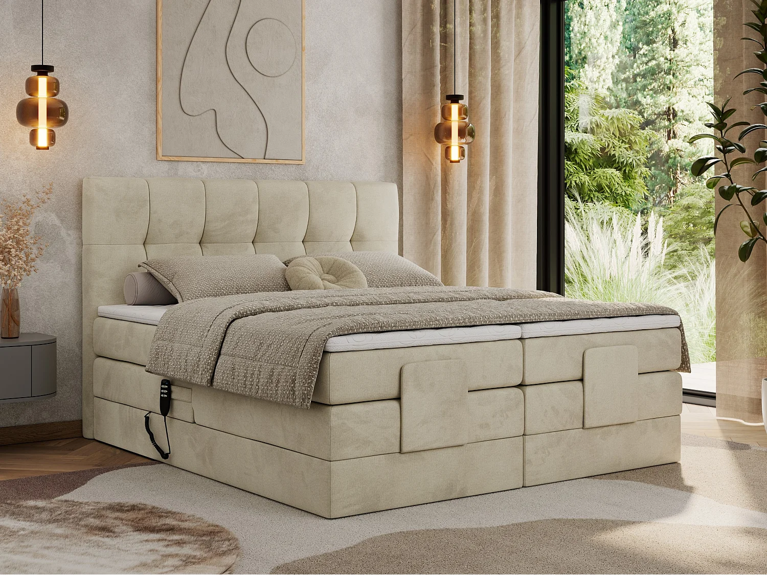 Boxspringbett VITTORIA - mit gestepptem Kopfteil, elektrischem Untergestell, Multipocket-Matratze - 140x200 cm - H4 - Beige Velvet