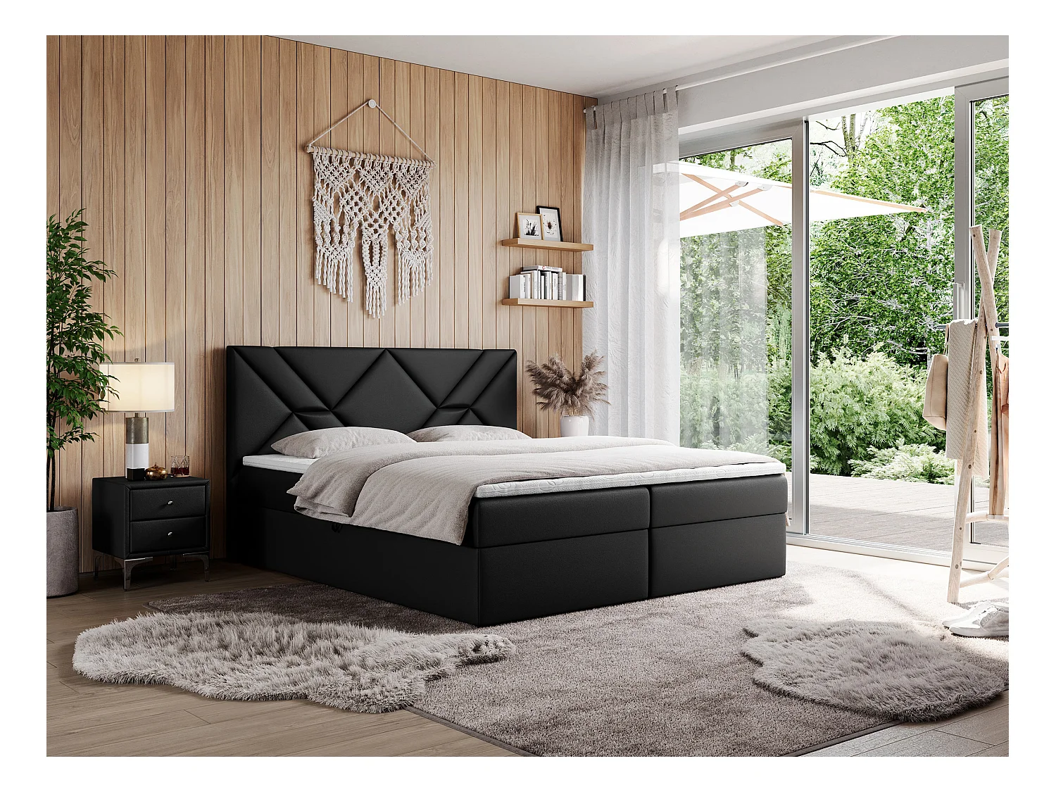 Boxspringbett NEOMI - dekorativem Kopfteil, Polsterbett mit Multipocket-Matratzen, zwei Bettkästen - 200x200 cm - H4 - Hellgrau Strukture