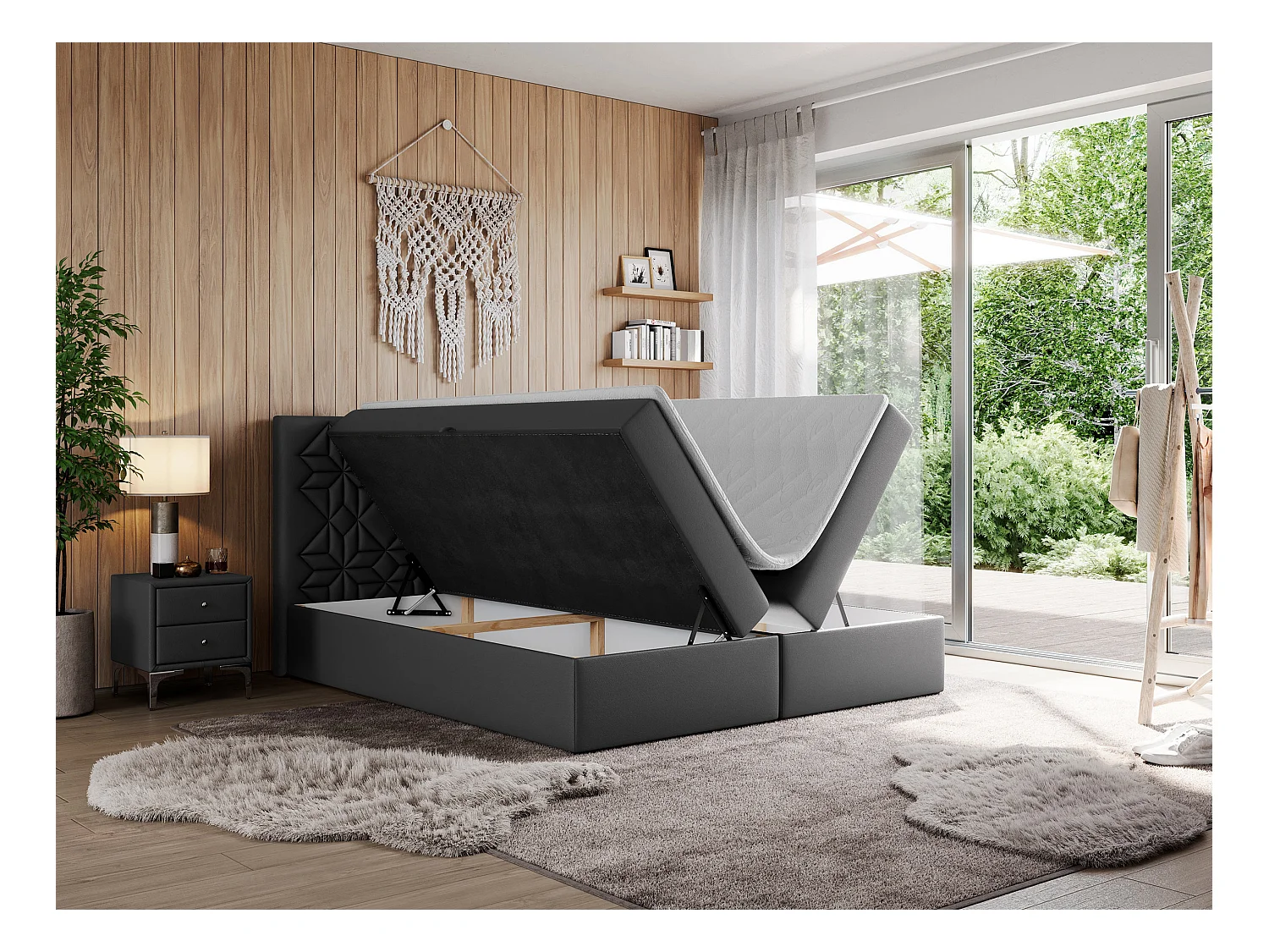 Boxspringbett LEILA - gestepptes Kopfteil,  7 Härtezonen Multipocket-Matratzen, Doppelbett mit Bettkästen - 200x200 cm - H3 - Dunkelgrau Kunstleder