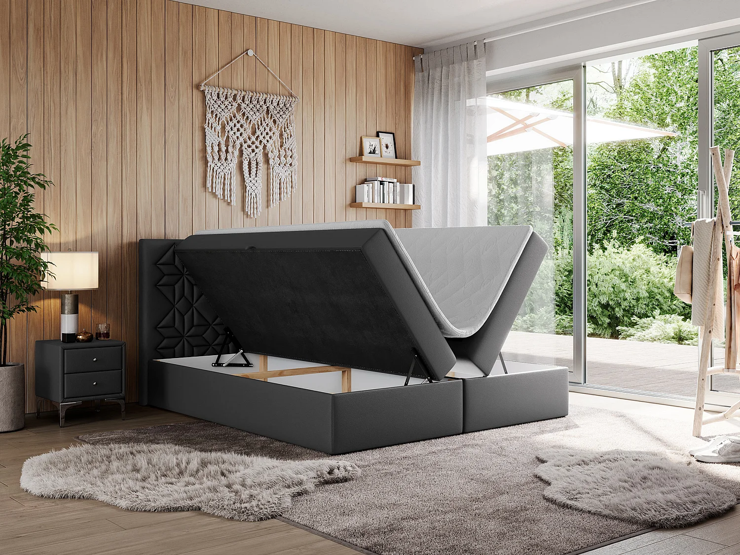 Boxspringbett LEILA - gestepptes Kopfteil,  7 Härtezonen Multipocket-Matratzen, Doppelbett mit Bettkästen - 200x200 cm - H3 - Dunkelgrau Kunstleder