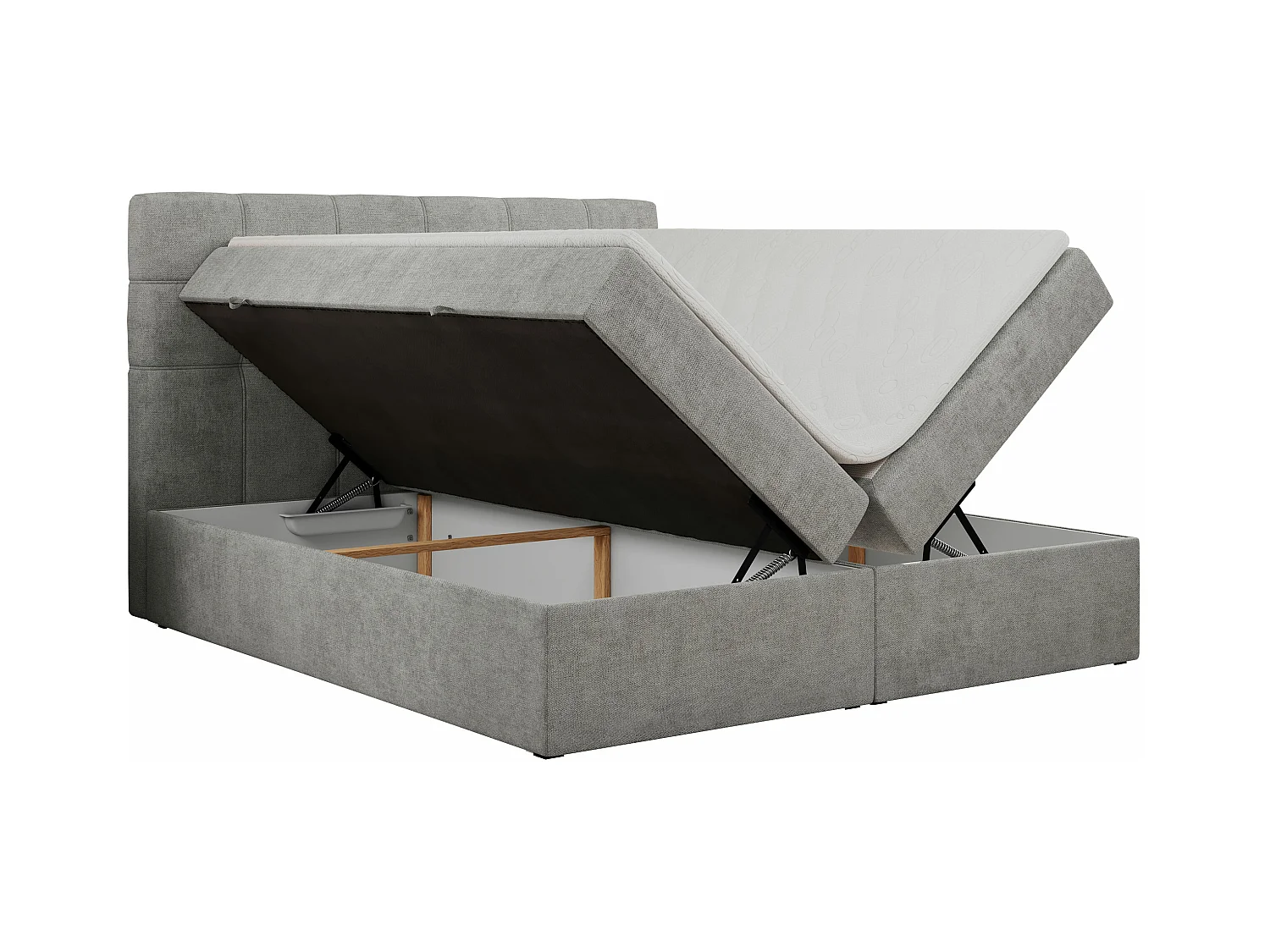 Boxspringbett ERNI - mit gestepptem Kopfteil, Polsterbett, Multipocket-Matratze und Topper, Bettkästen - 160x200 cm - H3 - Hellgrau Stukture