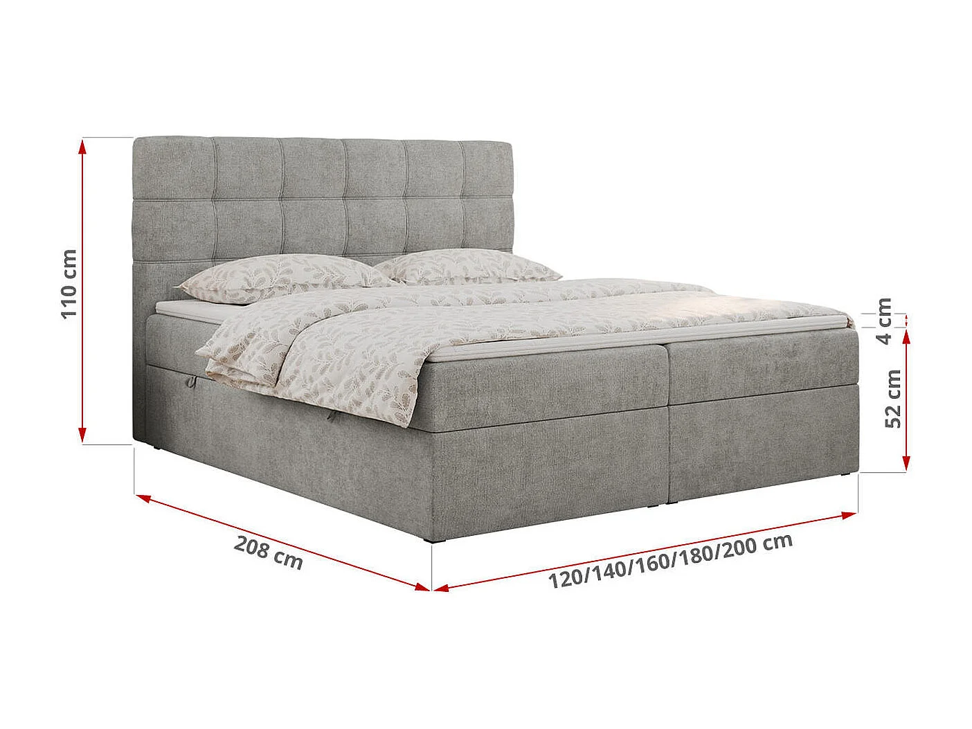 Boxspringbett ERNI - mit gestepptem Kopfteil, Polsterbett, Multipocket-Matratze und Topper, Bettkästen - 160x200 cm - H3 - Hellgrau Stukture