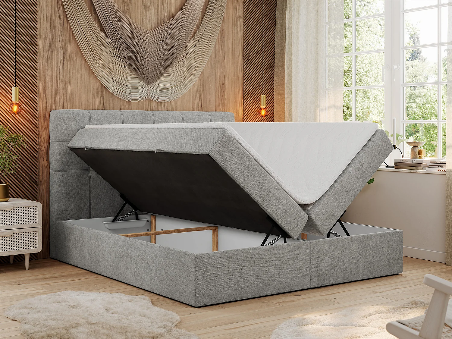 Boxspringbett ERNI - mit gestepptem Kopfteil, Polsterbett, Multipocket-Matratze und Topper, Bettkästen - 160x200 cm - H3 - Hellgrau Stukture