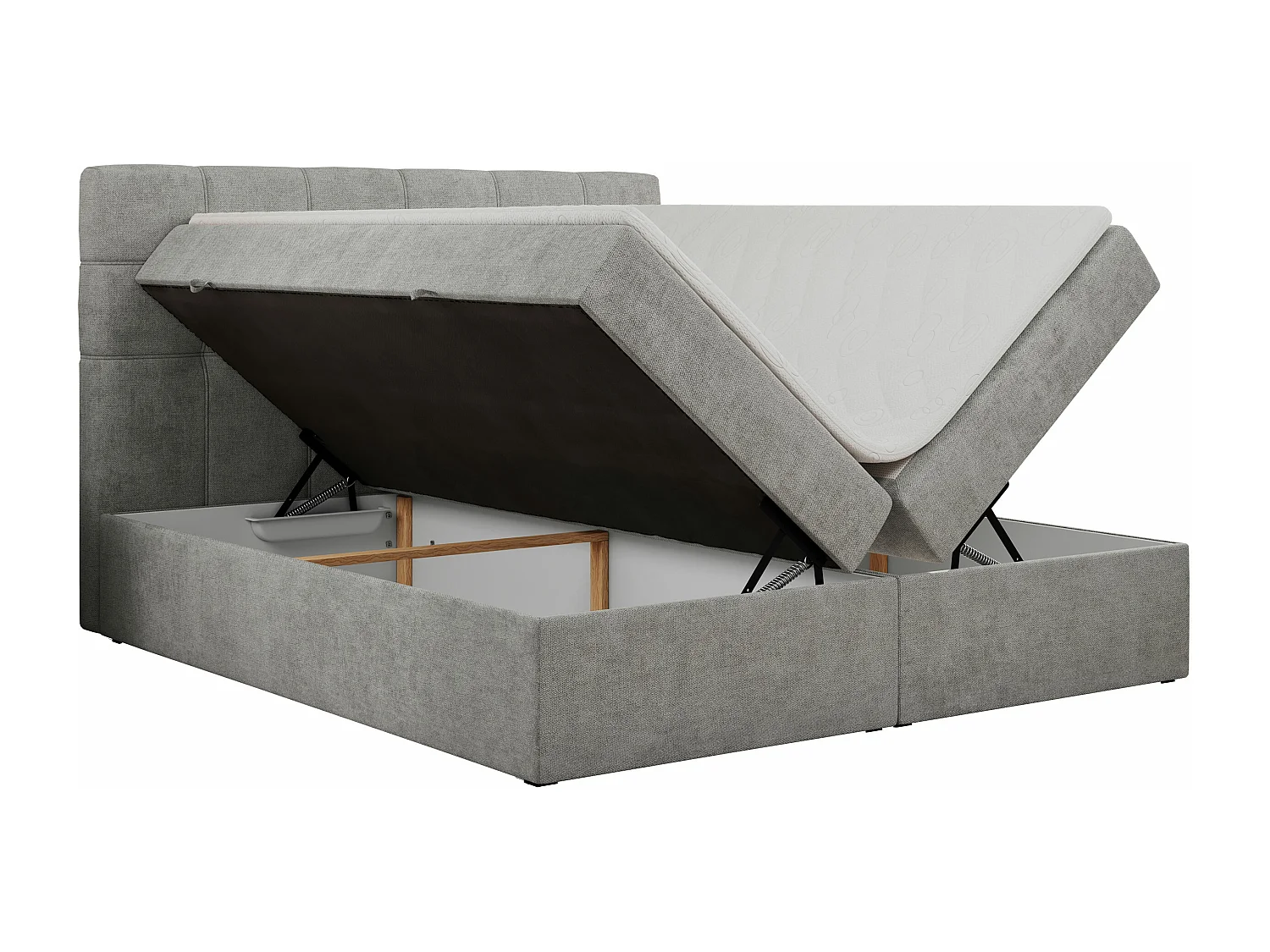 Boxspringbett ERNI - mit gestepptem Kopfteil, Polsterbett, Multipocket-Matratze und Topper, Bettkästen - 160x200 cm - H3 - Hellgrau Stukture