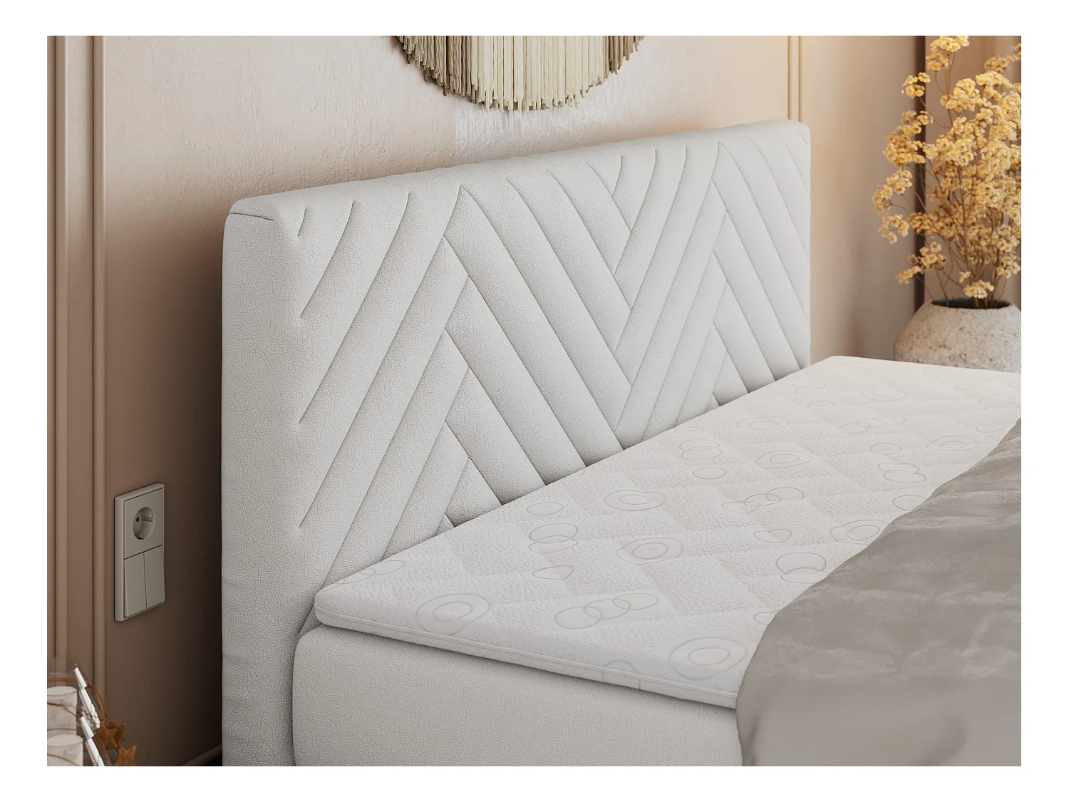 Boxspringbett PARIS KING DUO - dekorative Kopfstütze und Front, zwei Multipocket-Matratze mit Topper - 140x200 cm - H3 - Weiß Kunstleder