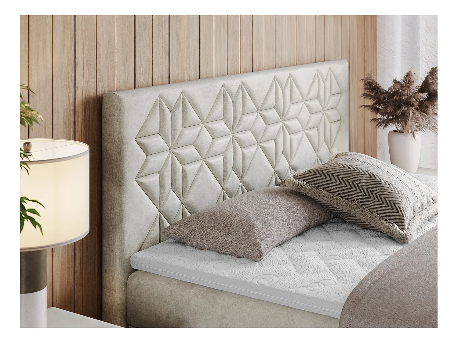 Boxspringbett LEILA - gestepptes Kopfteil,  7 Härtezonen Multipocket-Matratzen, Doppelbett mit Bettkästen - 180x200 cm - H4 - Beige Velvet