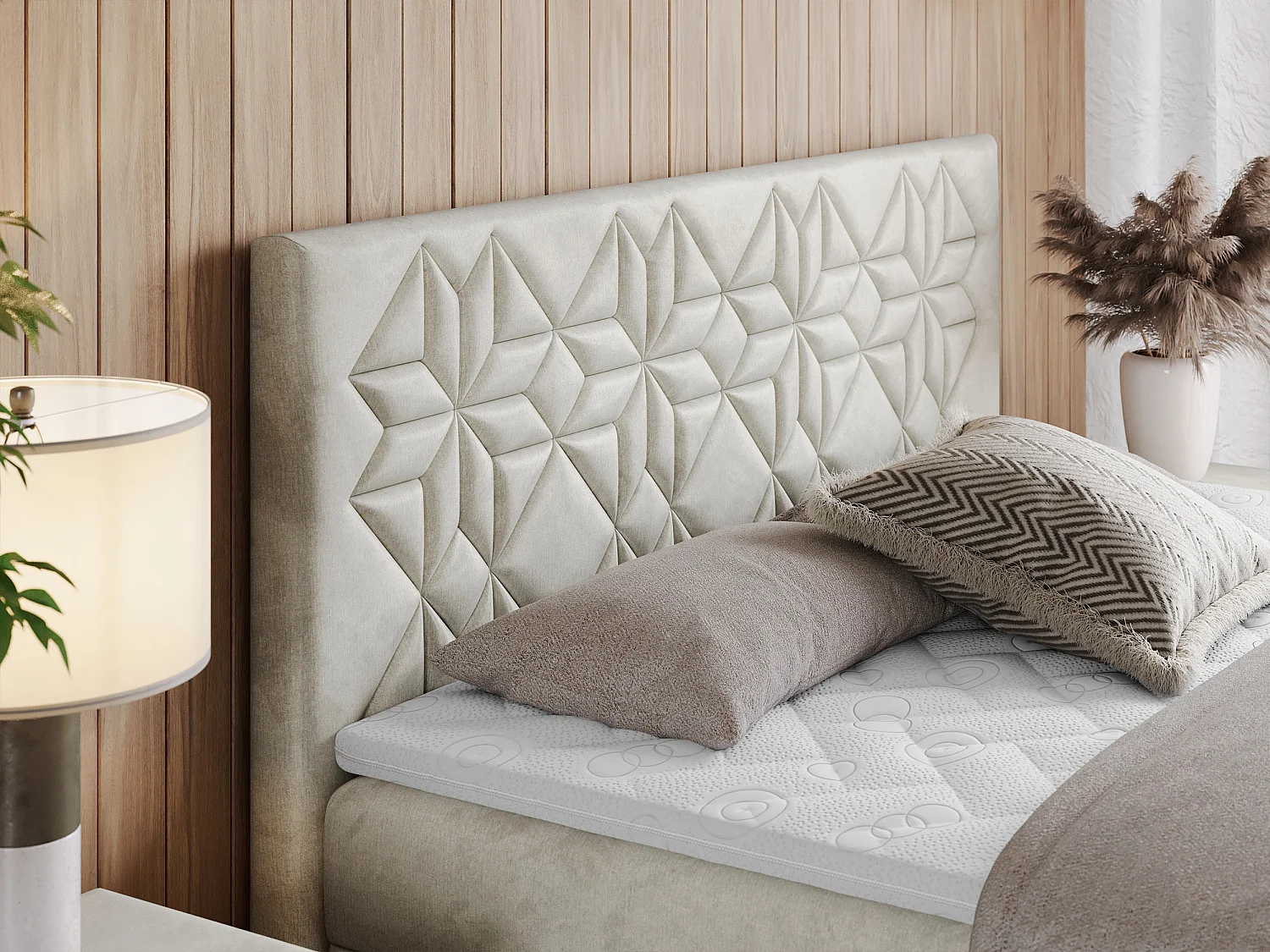 Boxspringbett LEILA - gestepptes Kopfteil,  7 Härtezonen Multipocket-Matratzen, Doppelbett mit Bettkästen - 180x200 cm - H4 - Beige Velvet