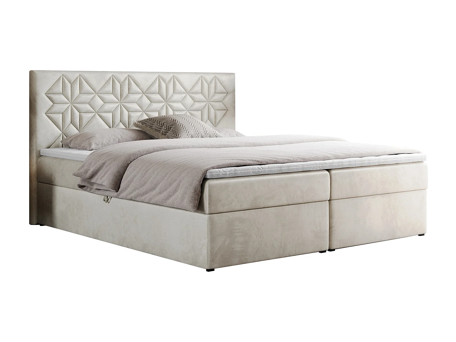 Boxspringbett LEILA - gestepptes Kopfteil,  7 Härtezonen Multipocket-Matratzen, Doppelbett mit Bettkästen - 180x200 cm - H4 - Beige Velvet