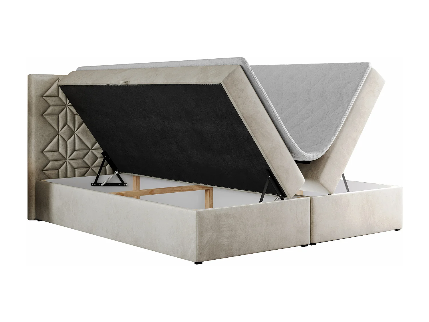Boxspringbett LEILA - gestepptes Kopfteil,  7 Härtezonen Multipocket-Matratzen, Doppelbett mit Bettkästen - 180x200 cm - H4 - Beige Velvet