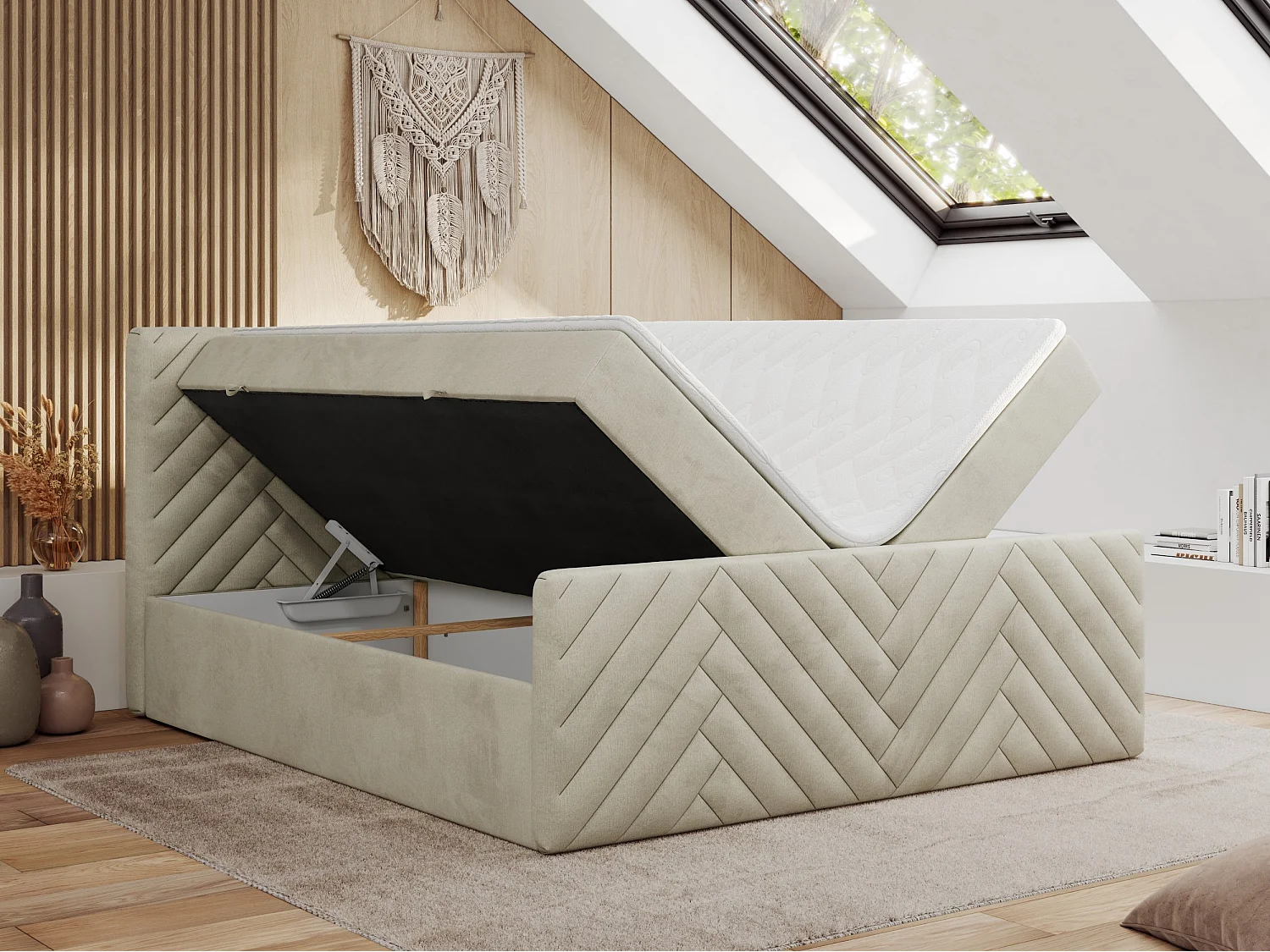 Boxspringbett PARIS DUO - Polsterbett mit genähtem Kopfteil und Frontplatte, Doppelbett, zwei Bettkästen - 140x200 cm - H3 - Beige Velvet