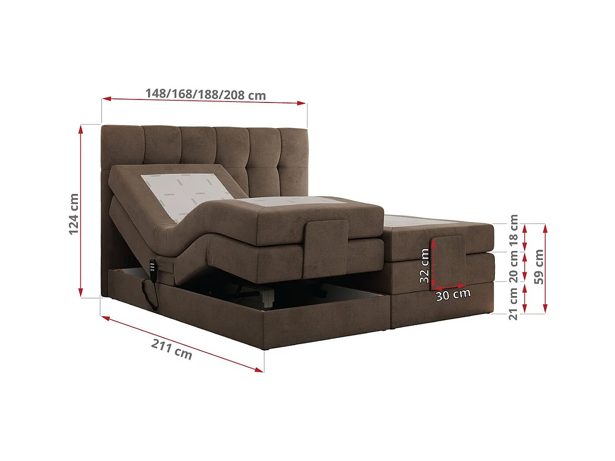 Boxspringbett VITTORIA - mit gestepptem Kopfteil, elektrischem Untergestell, Multipocket-Matratze - 140x200 cm - H4 - Braun Velvet