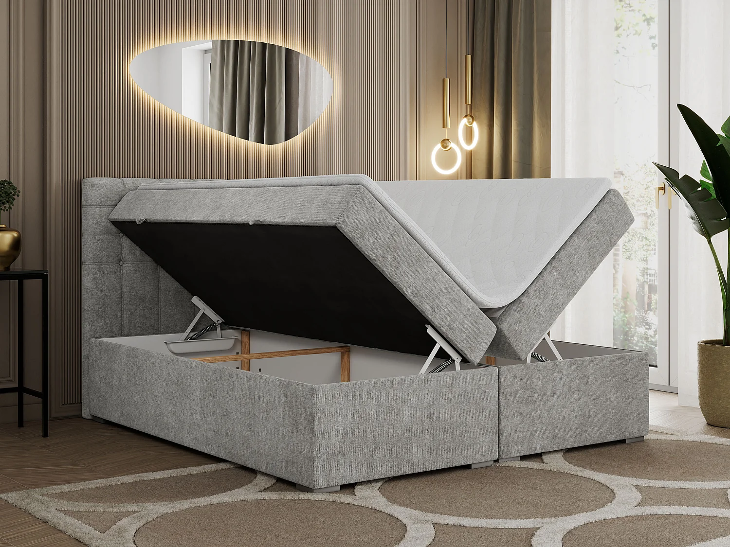 Boxspringbett SUSAN - mit gestepptem Kopfteil, zwei Bettkästen und Topper, gepolstertes Schlafzimmerbett - 200x200 cm - H3 - Hellgrau Stukture