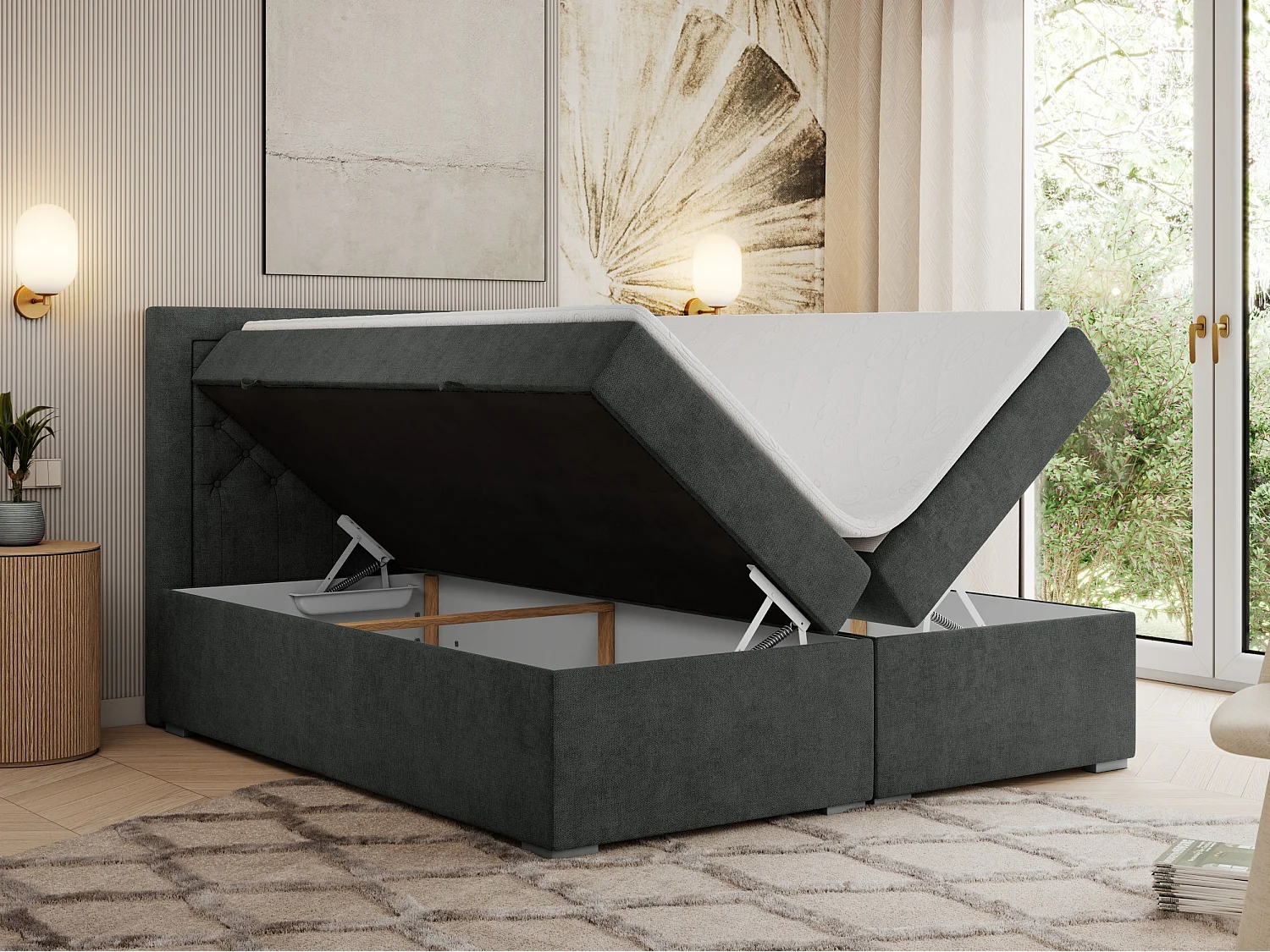 Boxspringbett JASIR - mit gestepptem Kopfteil, Doppelbett für Schlafzimmer, Multipocket-Matratze, Stauraum - 160x200 cm - H4 - Dunkelgrau Strukture