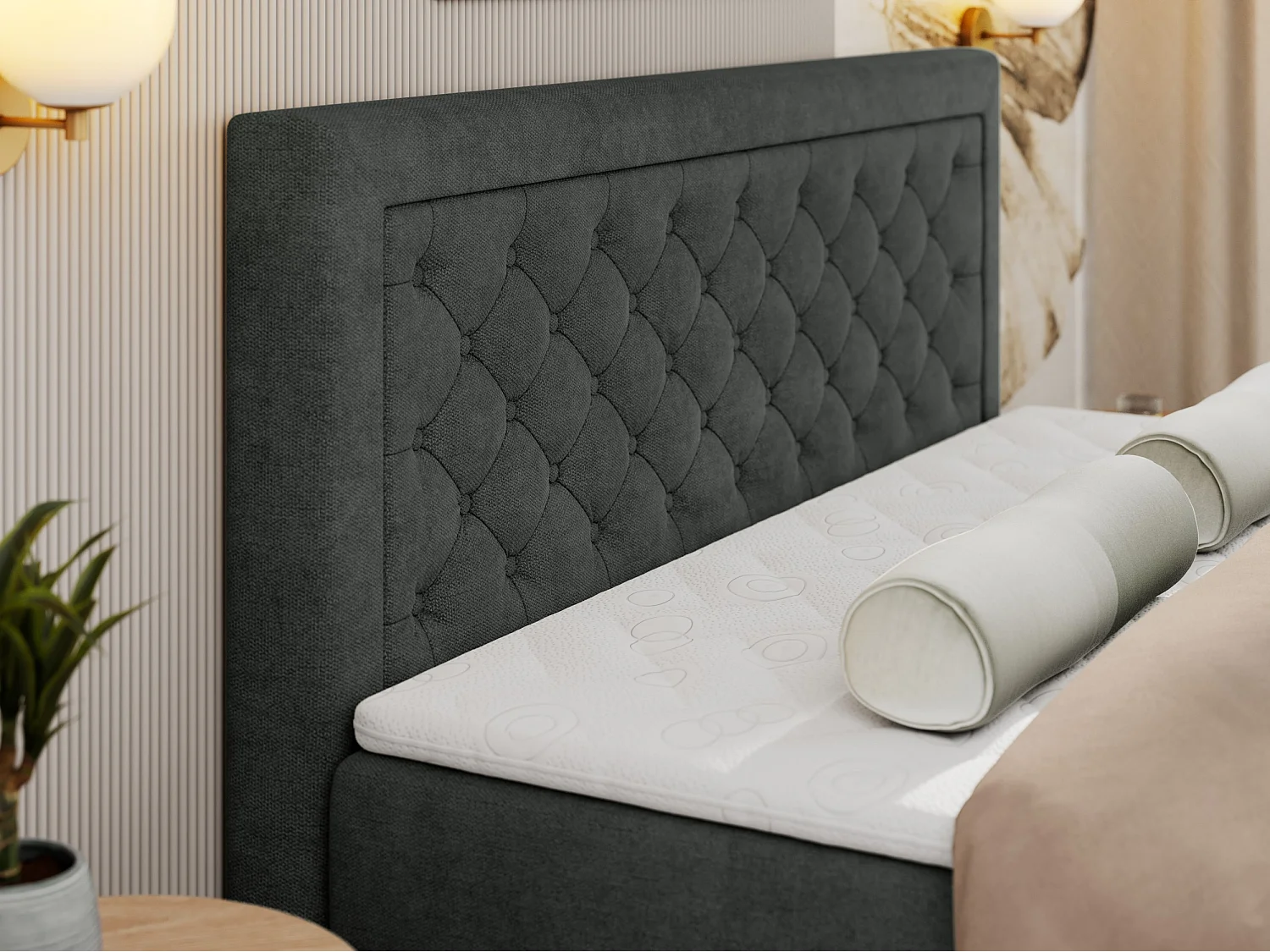 Boxspringbett JASIR - mit gestepptem Kopfteil, Doppelbett für Schlafzimmer, Multipocket-Matratze, Stauraum - 160x200 cm - H4 - Dunkelgrau Strukture