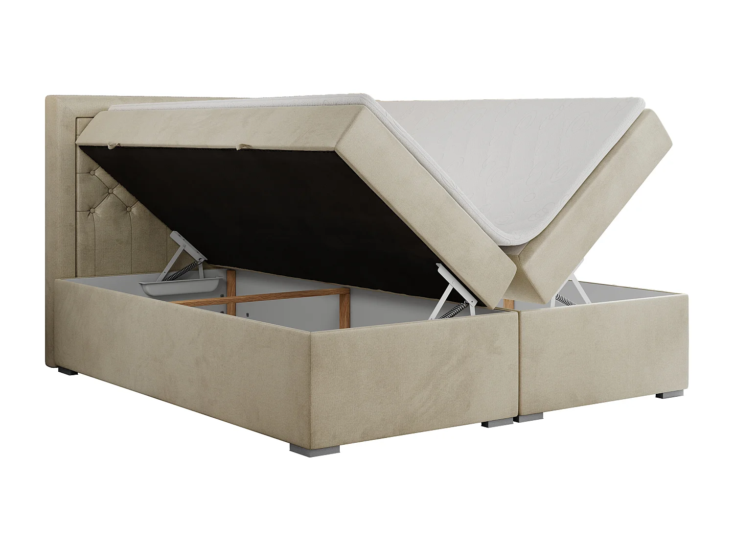 Boxspringbett JASIR - mit gestepptem Kopfteil, Doppelbett für Schlafzimmer, Multipocket-Matratze, Stauraum - 140x200 cm - H4 - Beige Velvet