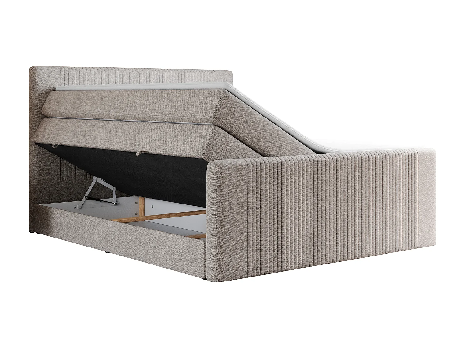 Boxspringbett DOREN KING - mit gesteppter Front und Kopfteil, zwei Multipocket-Matratzen und Topper, Doppelbett - 180x200 cm - H3 - Beige Strukture
