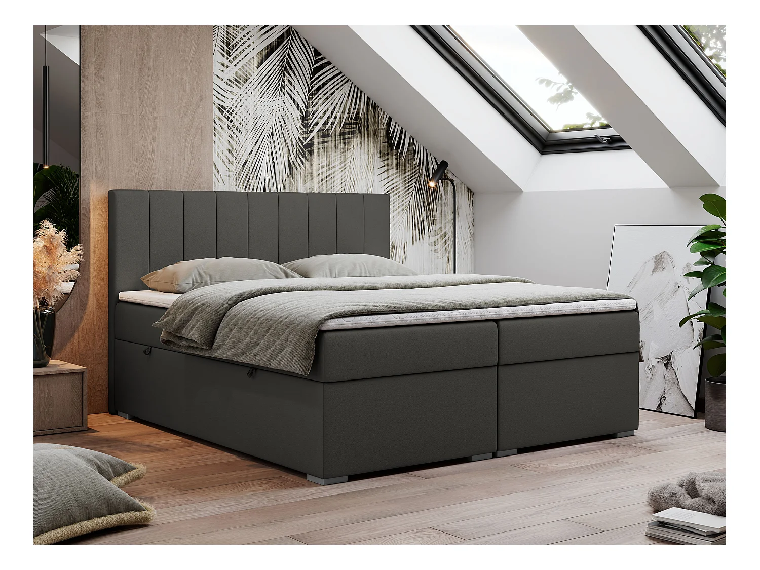 Boxspringbett LOPE - genähtes Kopfteil, Doppelbett mit Stauraum, Multipocket-Matratze, Topper - 200x200 cm - H4 - Dunkelgrau Kunstleder