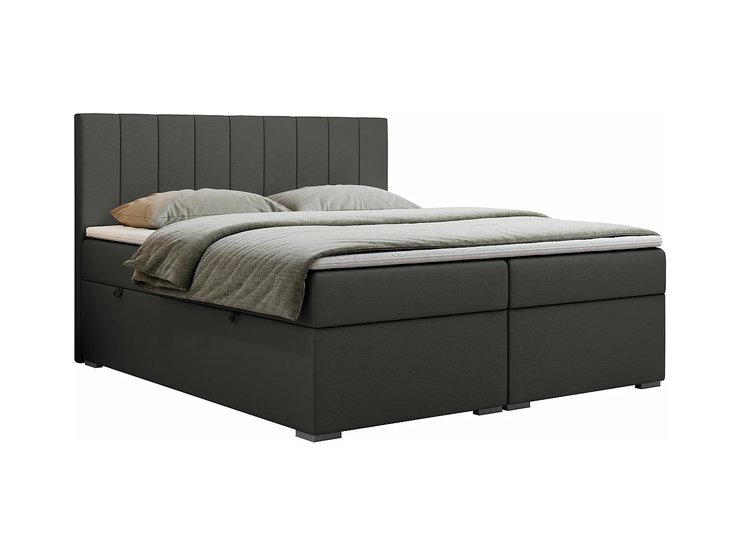 Boxspringbett LOPE - genähtes Kopfteil, Doppelbett mit Stauraum, Multipocket-Matratze, Topper - 200x200 cm - H4 - Dunkelgrau Kunstleder