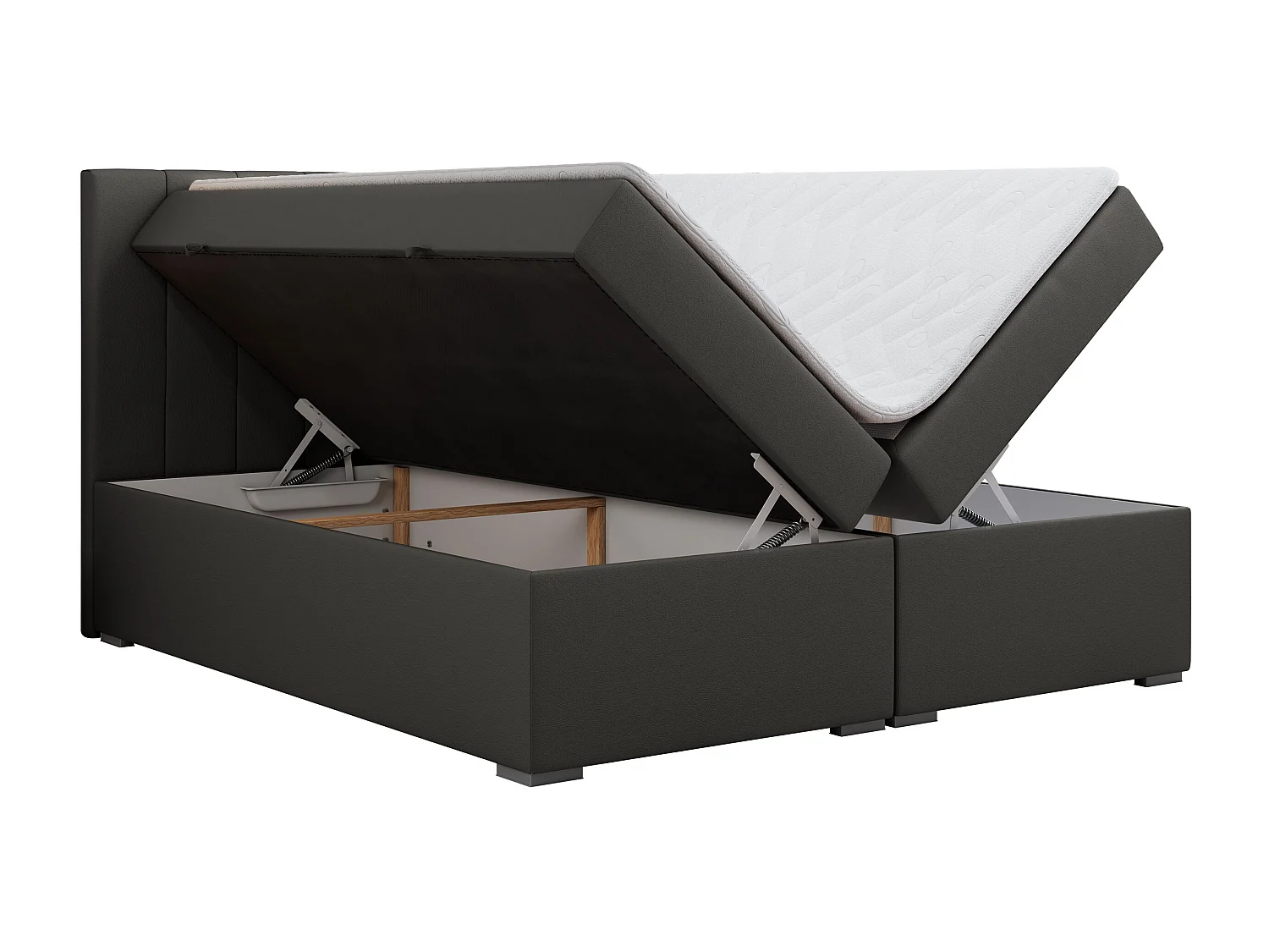 Boxspringbett LOPE - genähtes Kopfteil, Doppelbett mit Stauraum, Multipocket-Matratze, Topper - 200x200 cm - H4 - Dunkelgrau Kunstleder