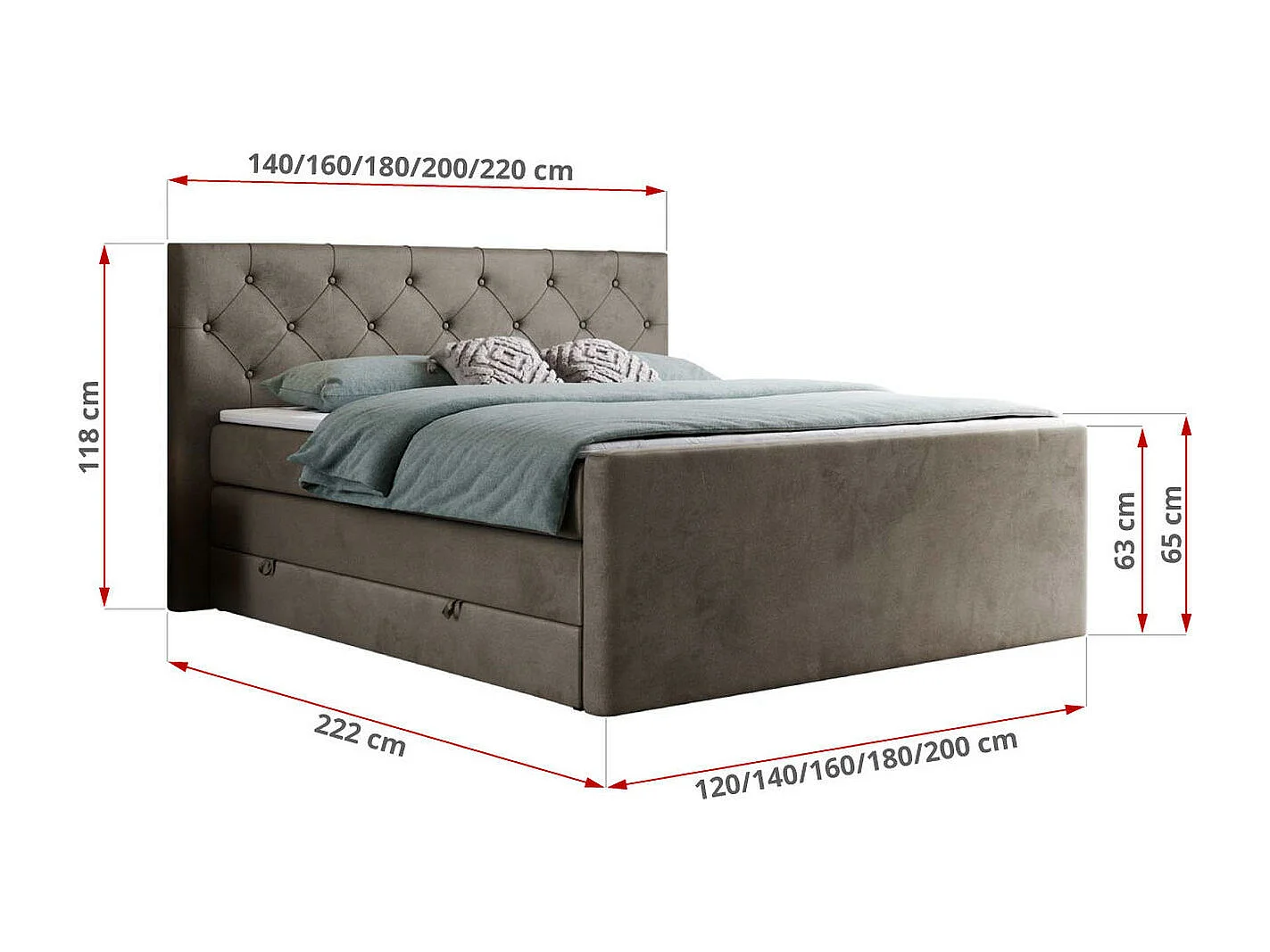 Boxspringbett VELEN KING - Doppelbett mit gestepptem Kopfteil, zwei Multipocket-Matratzen, Polsterbett mit Kopfstütze - 180x200 cm - H3 - Braun Velvet