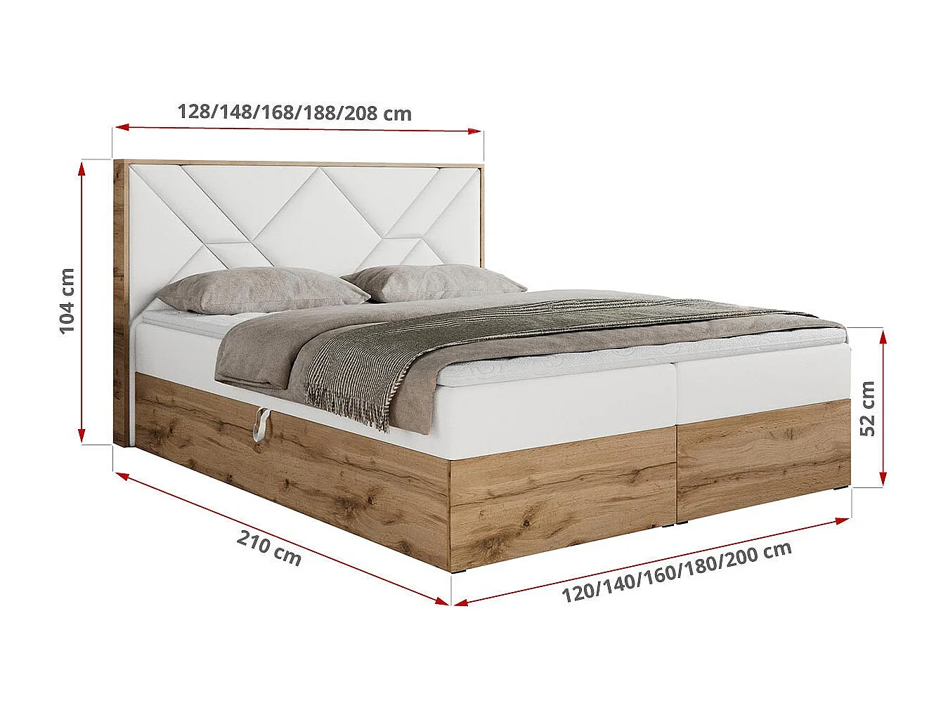 Boxspringbett GUNAR - gepolster kopfteil, Doppelbett mit Multipocket-Matratze, zwei Bettkästen - 120x200 cm - H4 - Weiß Kunstleder