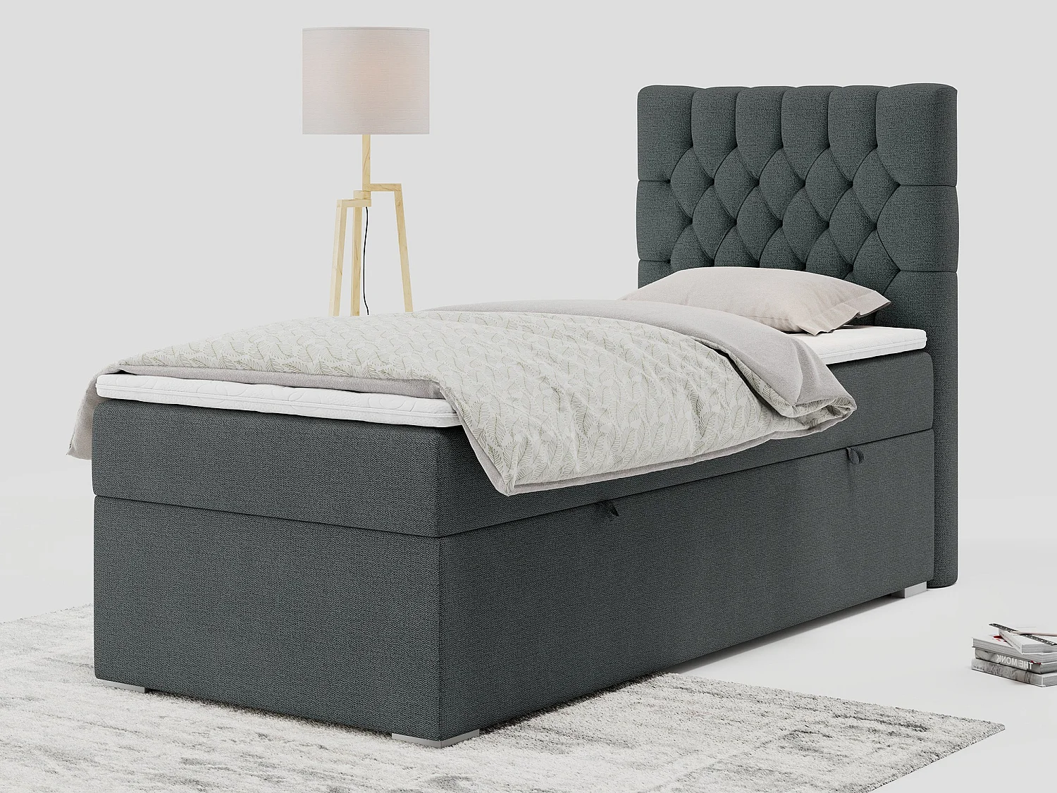 Boxspringbett PERA - Einzelbett mit Kopfstütze, Polsterbett, Multipocket-Matratze, genähtes Kopfteil - 90x200 cm - H3 - Dunkelgrau Strukture - Rechts Seite